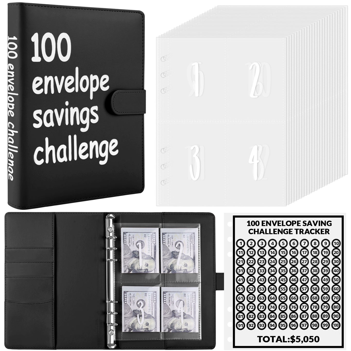 SKYDUE 100 Envelopes Money Saving Challenge Binder, A5 Money Saving Budget Binder with Cash Envelopes - Savings Challenges Book to Save $5,050