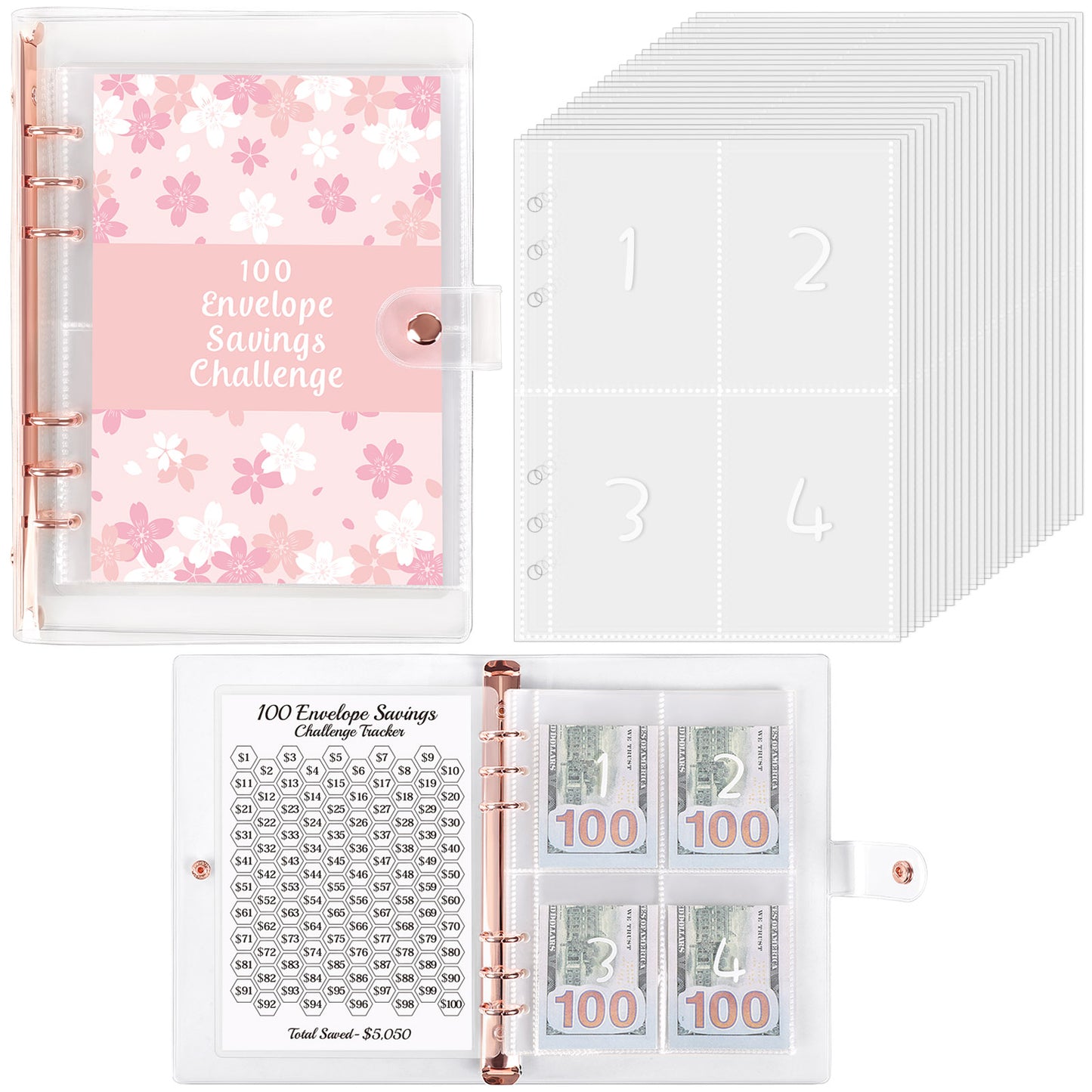 SKYDUE 100 Envelopes Money Saving Challenge Binder, Money Saving Binder with Laminated $5050 Tracker Sheet & Pre-numbered Pockets