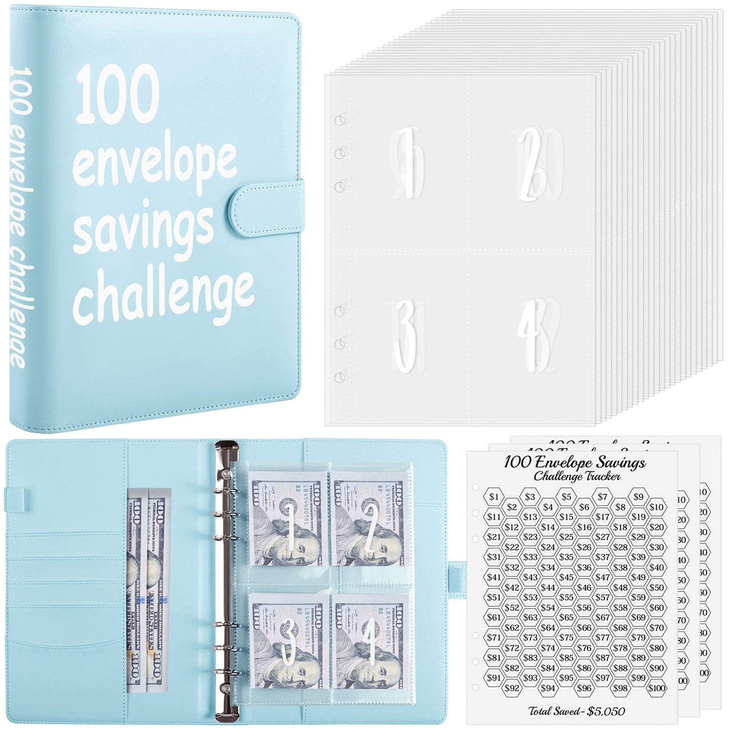 SKYDUE 100 Envelopes Money Saving Challenge Binder, A5 Money Saving Budget Binder with Cash Envelopes - Savings Challenges Book to Save $5,050