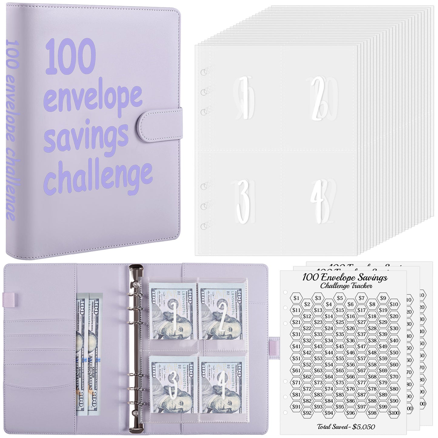 SKYDUE 100 Envelopes Money Saving Challenge Binder, A5 Money Saving Budget Binder with Cash Envelopes - Savings Challenges Book to Save $5,050