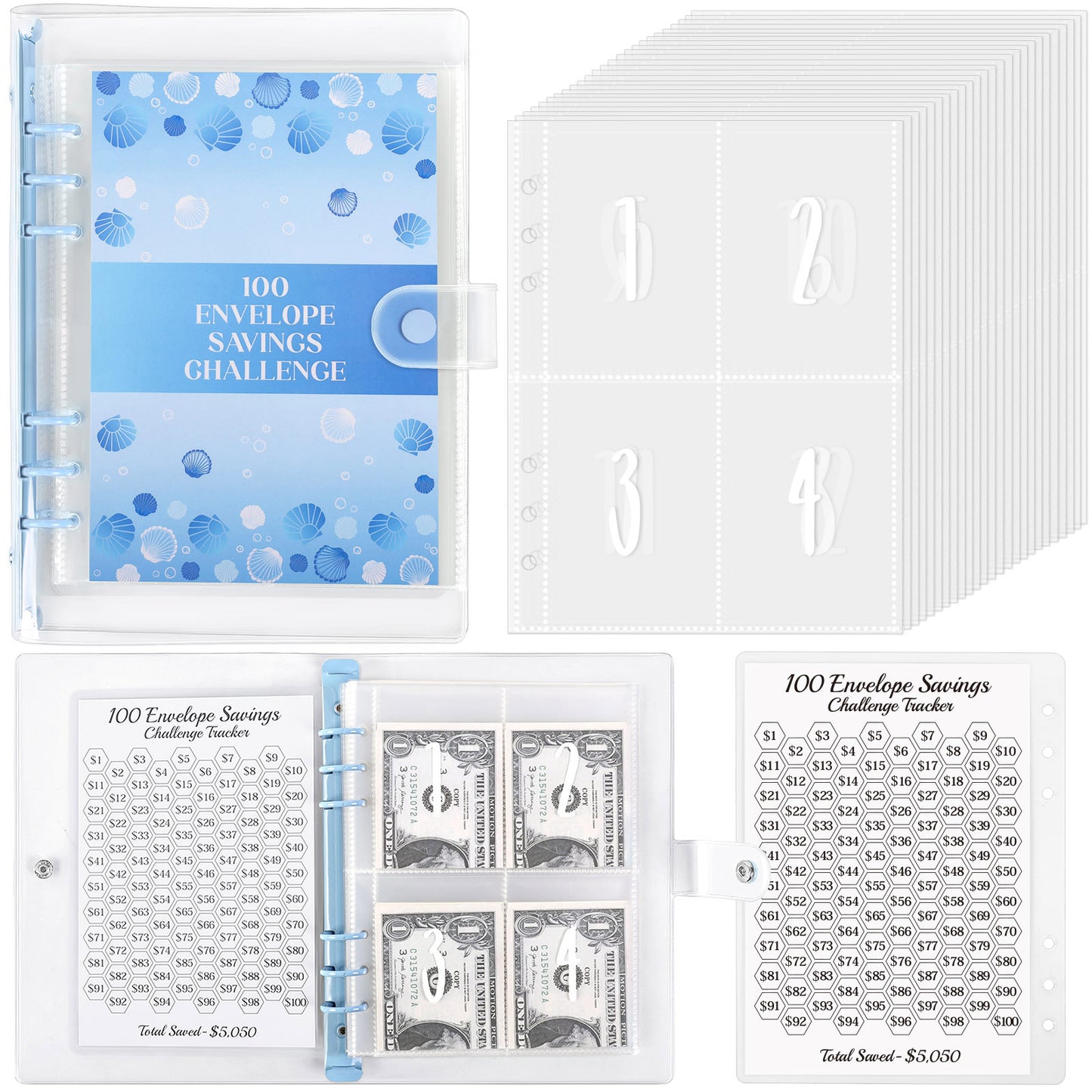 SKYDUE 100 Envelopes Money Saving Challenge Binder, Money Saving Binder with Laminated $5050 Tracker Sheet & Pre-numbered Pockets