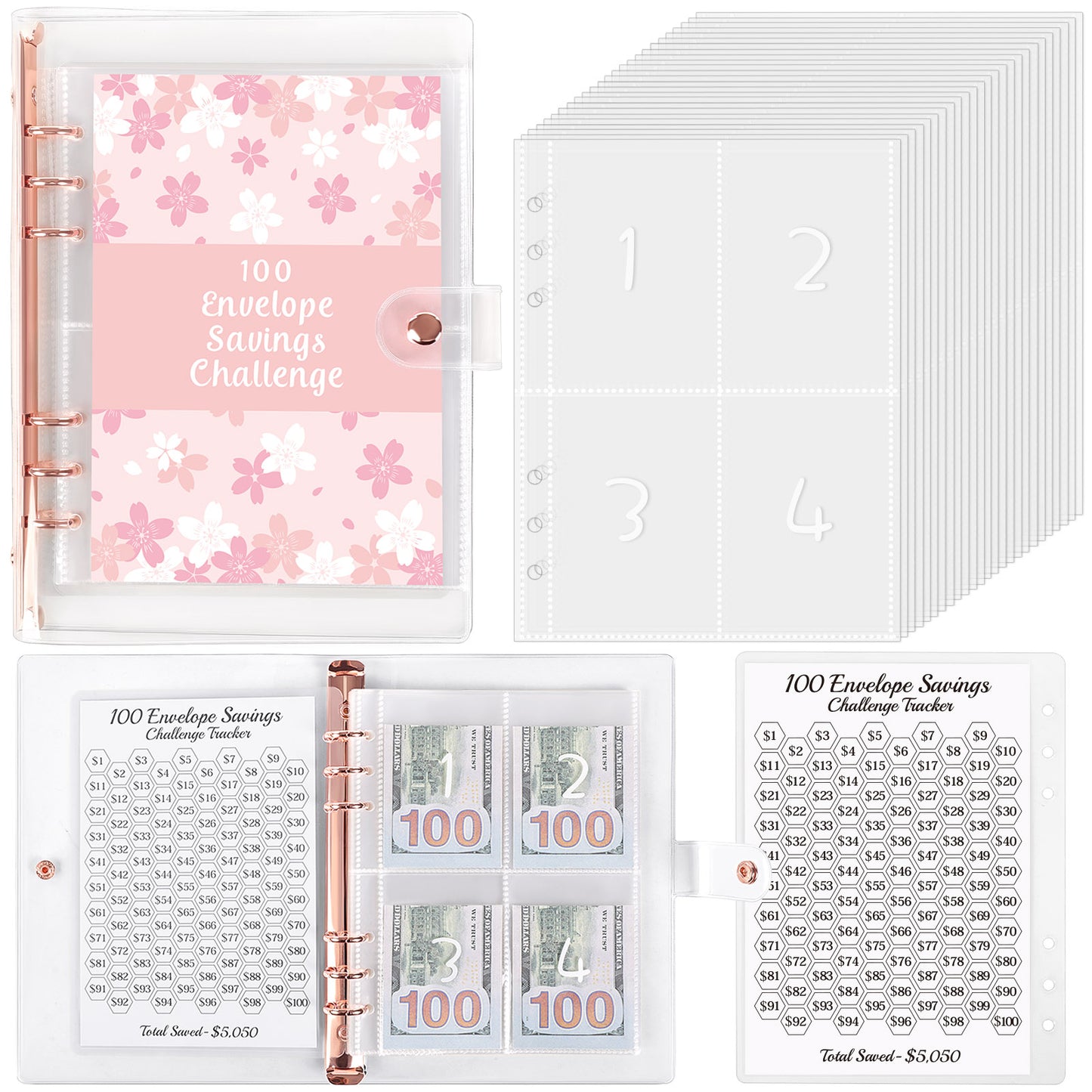 SKYDUE 100 Envelopes Money Saving Challenge Binder, Money Saving Binder with Laminated $5050 Tracker Sheet & Pre-numbered Pockets