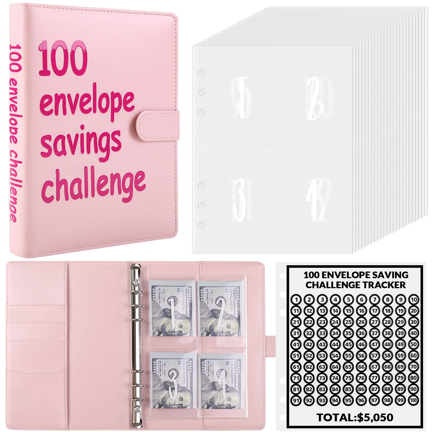 SKYDUE 100 Envelopes Money Saving Challenge Binder, A5 Money Saving Budget Binder with Cash Envelopes - Savings Challenges Book to Save $5,050