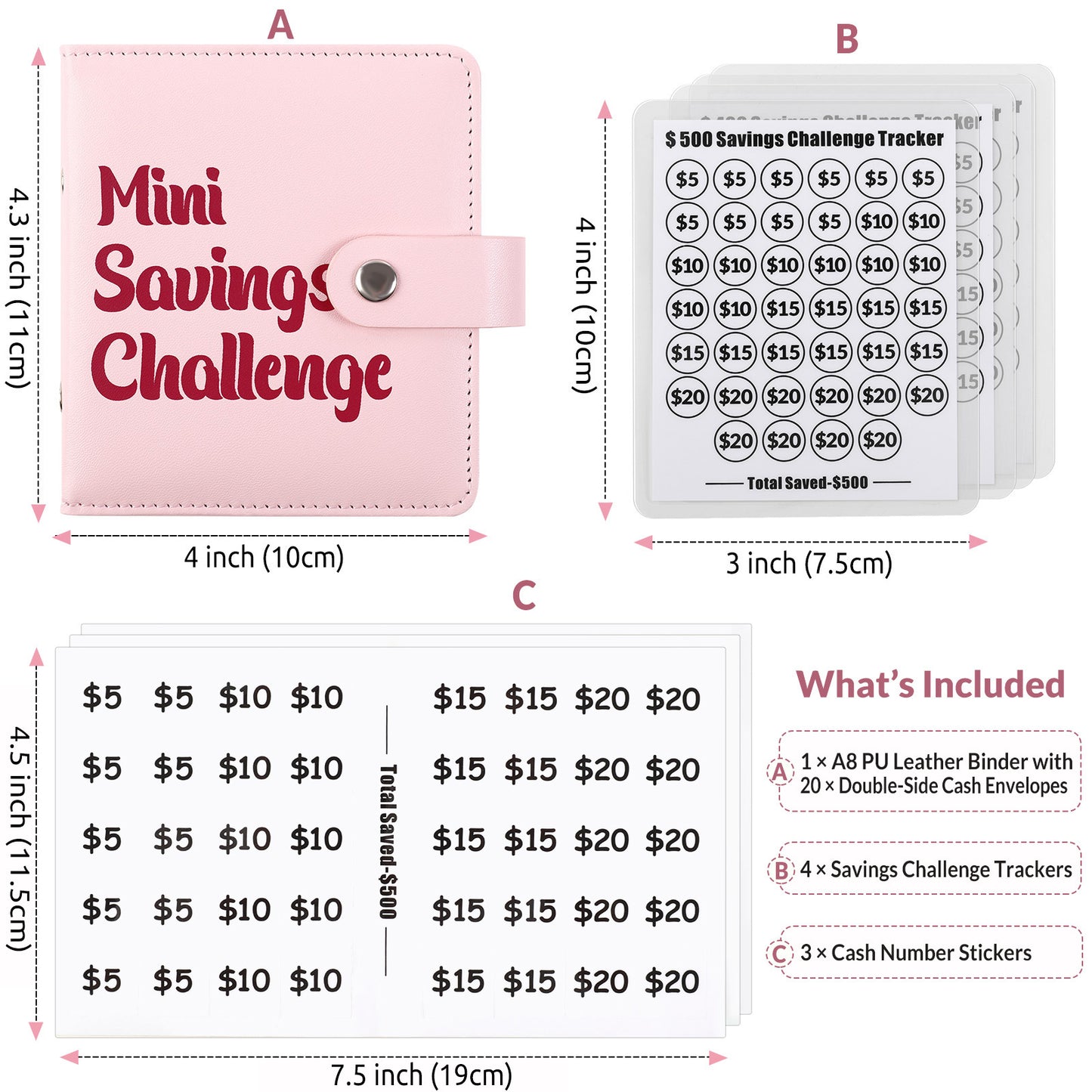SKYDUE Mini Money Saving Binder, Portable Savings Binder with 4 Various Laminated Money Saving Challenge Trackers, Savings $300, 400, 500 Challenges Book with Envelopes & Stickers, A8, Black