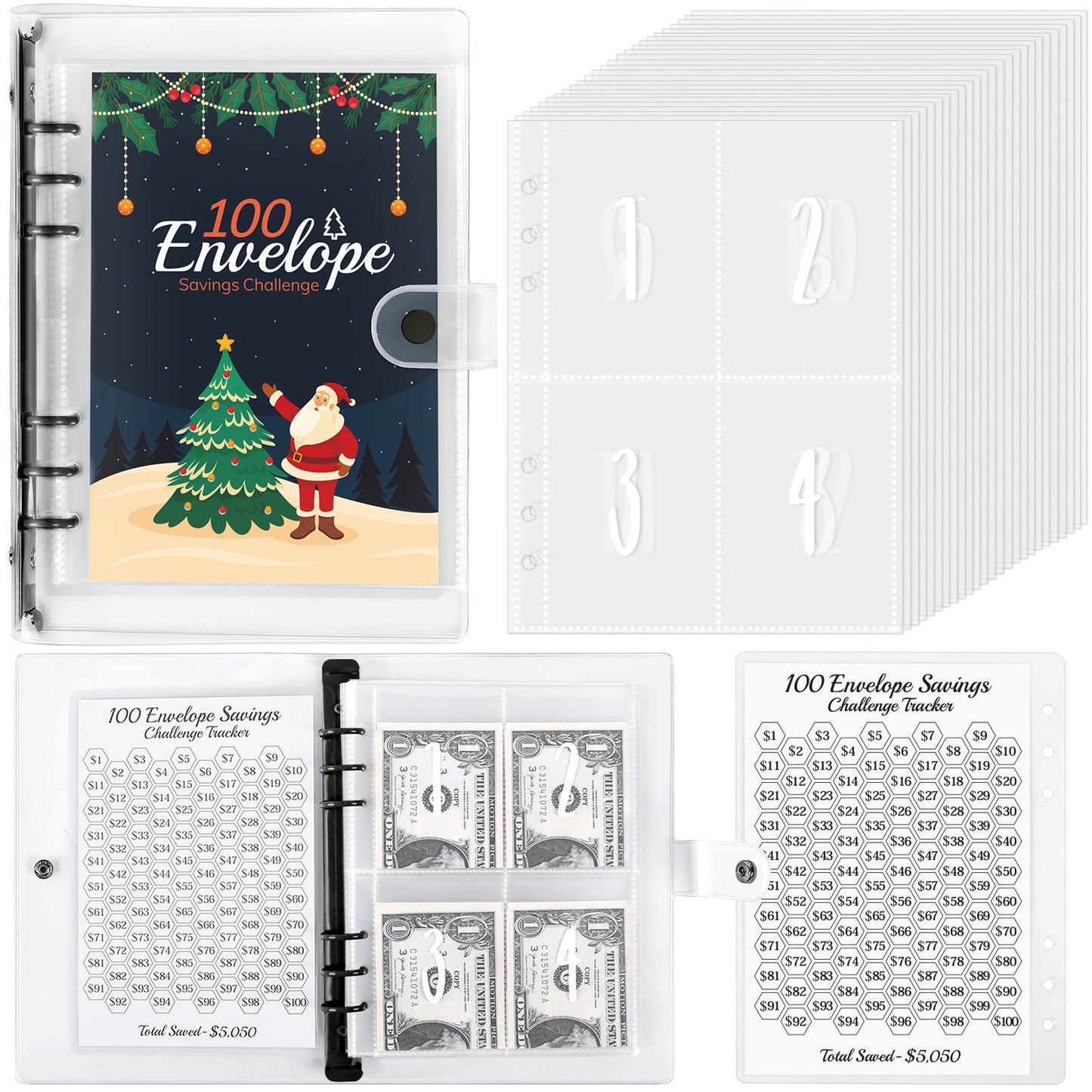 SKYDUE 100 Envelopes Money Saving Challenge Binder, Money Saving Binder with Laminated $5050 Tracker Sheet & Pre-numbered Pockets