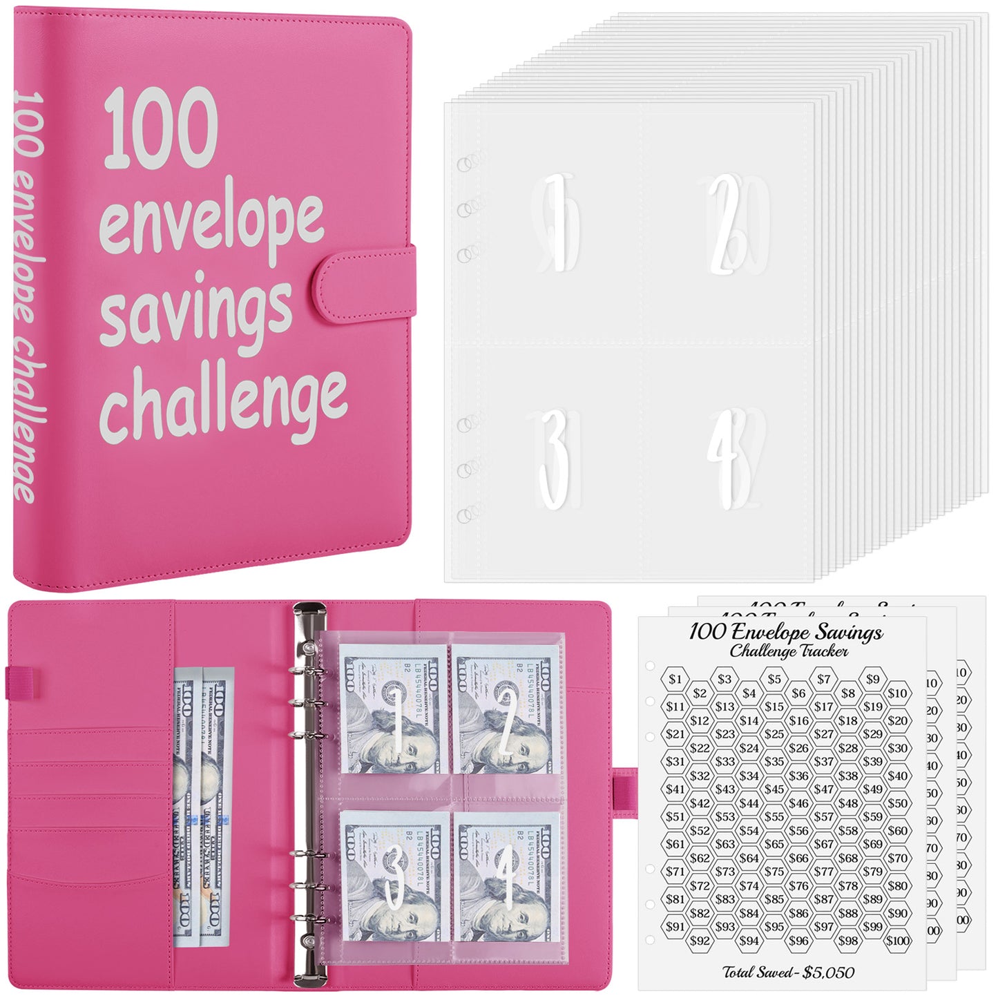 SKYDUE 100 Envelopes Money Saving Challenge Binder, A5 Money Saving Budget Binder with Cash Envelopes - Savings Challenges Book to Save $5,050