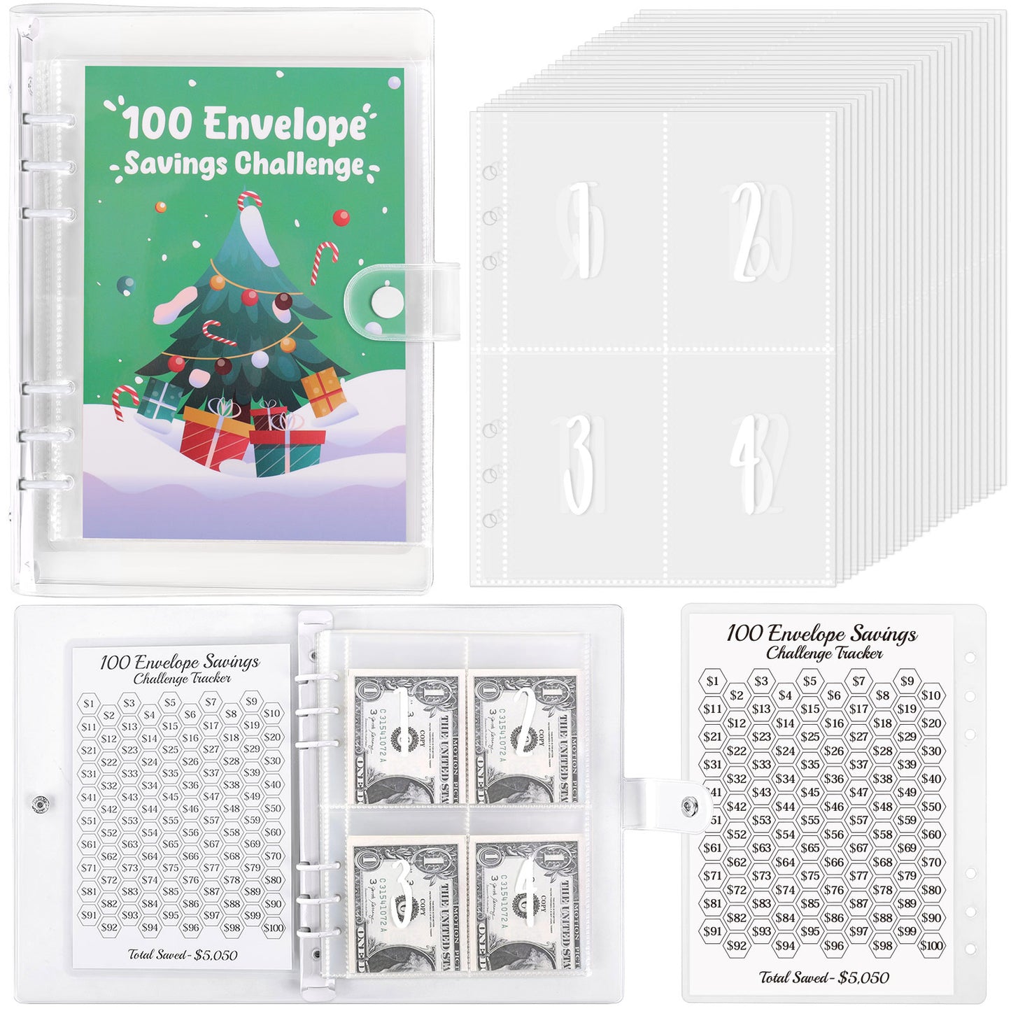 SKYDUE 100 Envelopes Money Saving Challenge Binder, Money Saving Binder with Laminated $5050 Tracker Sheet & Pre-numbered Pockets