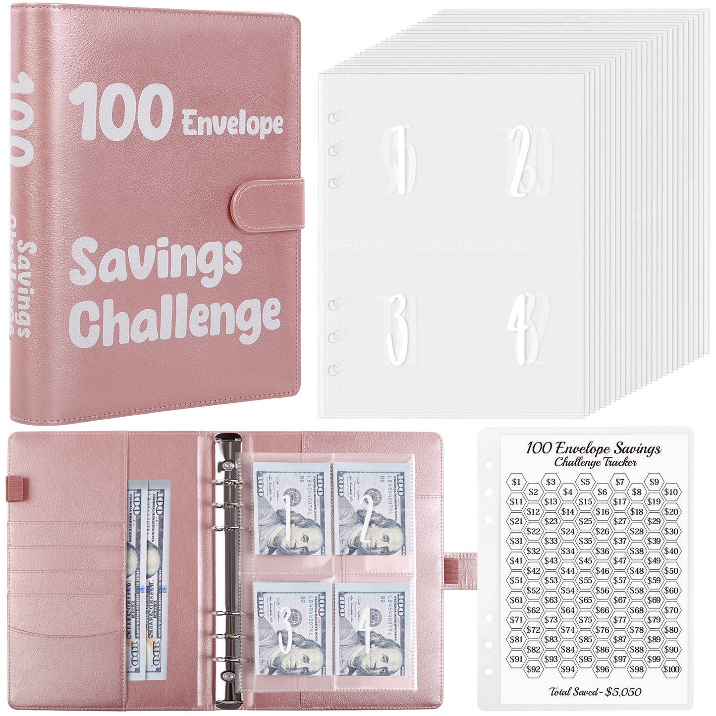 SKYDUE 100 Envelopes Money Saving Challenge Binder, A5 Money Saving Budget Binder with Cash Envelopes - Savings Challenges Book to Save $5,050