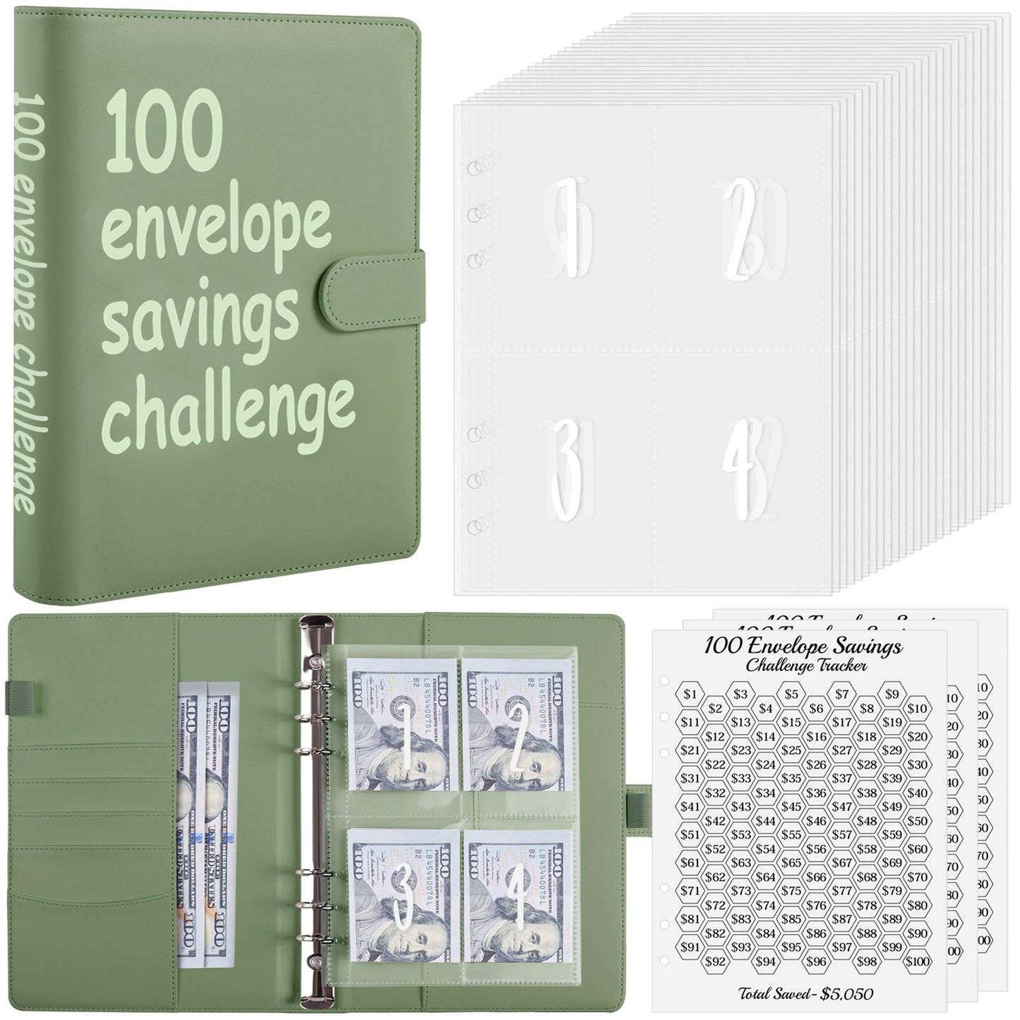 SKYDUE 100 Envelopes Money Saving Challenge Binder, A5 Money Saving Budget Binder with Cash Envelopes - Savings Challenges Book to Save $5,050