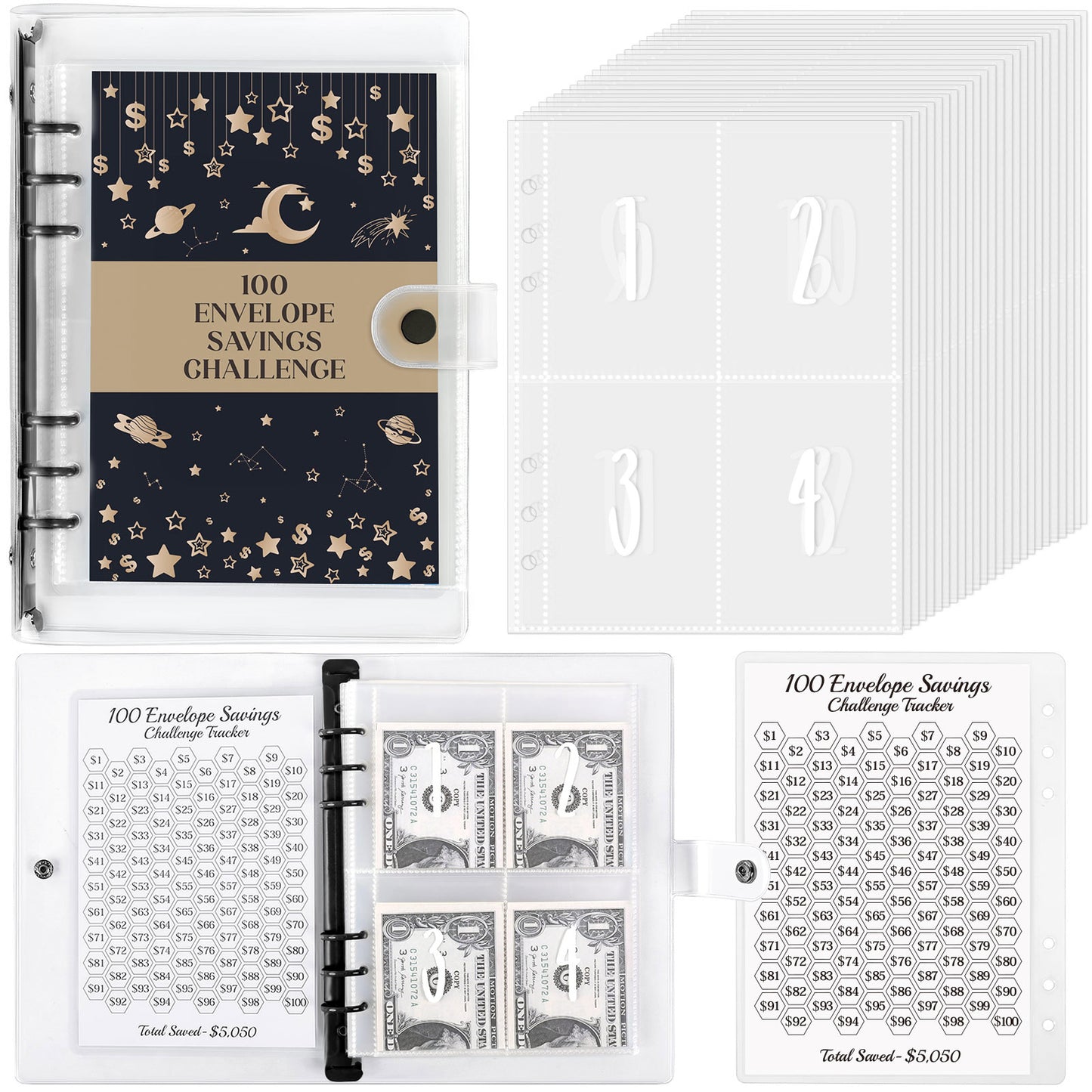 SKYDUE 100 Envelopes Money Saving Challenge Binder, Money Saving Binder with Laminated $5050 Tracker Sheet & Pre-numbered Pockets