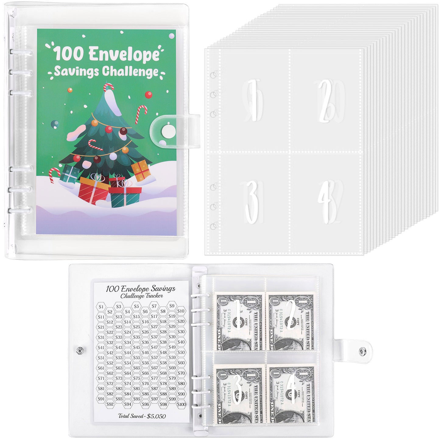 SKYDUE 100 Envelopes Money Saving Challenge Binder, Money Saving Binder with Laminated $5050 Tracker Sheet & Pre-numbered Pockets