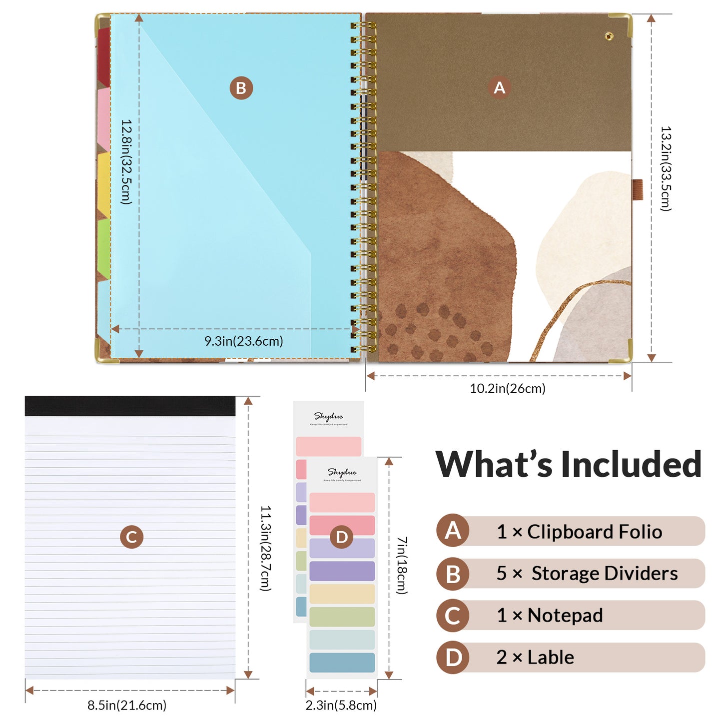 SKYDUE Spiral Clipboard Folio with Notepad and Pocket, 13.2" × 10.2" Clipboard Folder Includes 5 Dividers with 10 Pockets, Labels, Hardcover Clipfolio Design Fit for School Office