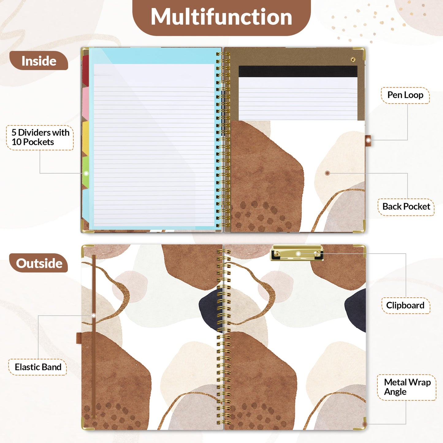 SKYDUE Spiral Clipboard Folio with Notepad and Pocket, 13.2" × 10.2" Clipboard Folder Includes 5 Dividers with 10 Pockets, Labels, Hardcover Clipfolio Design Fit for School Office