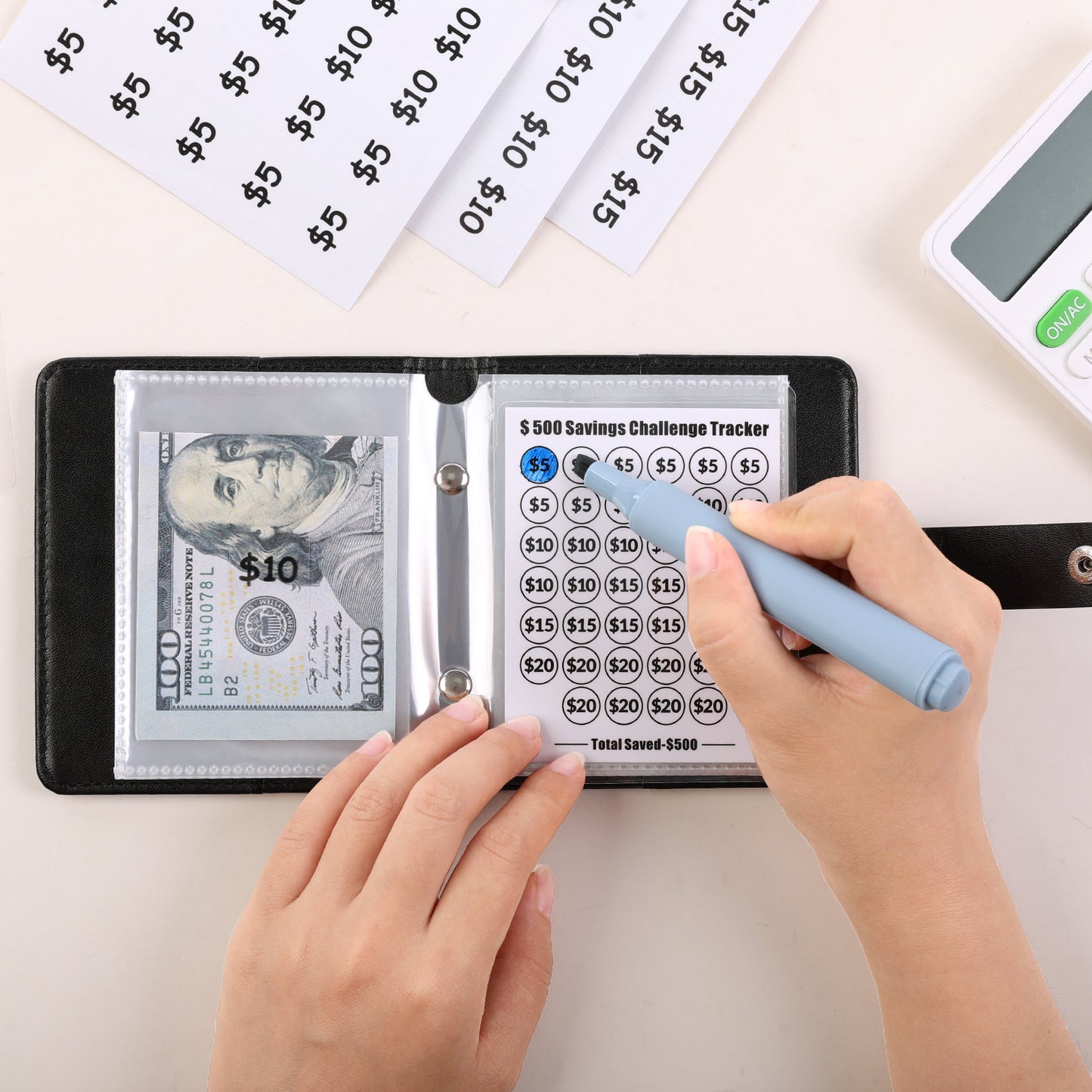 SKYDUE Mini Money Saving Binder, Portable Savings Binder with 4 Various Laminated Money Saving Challenge Trackers, Savings $300, 400, 500 Challenges Book with Envelopes & Stickers, A8, Black