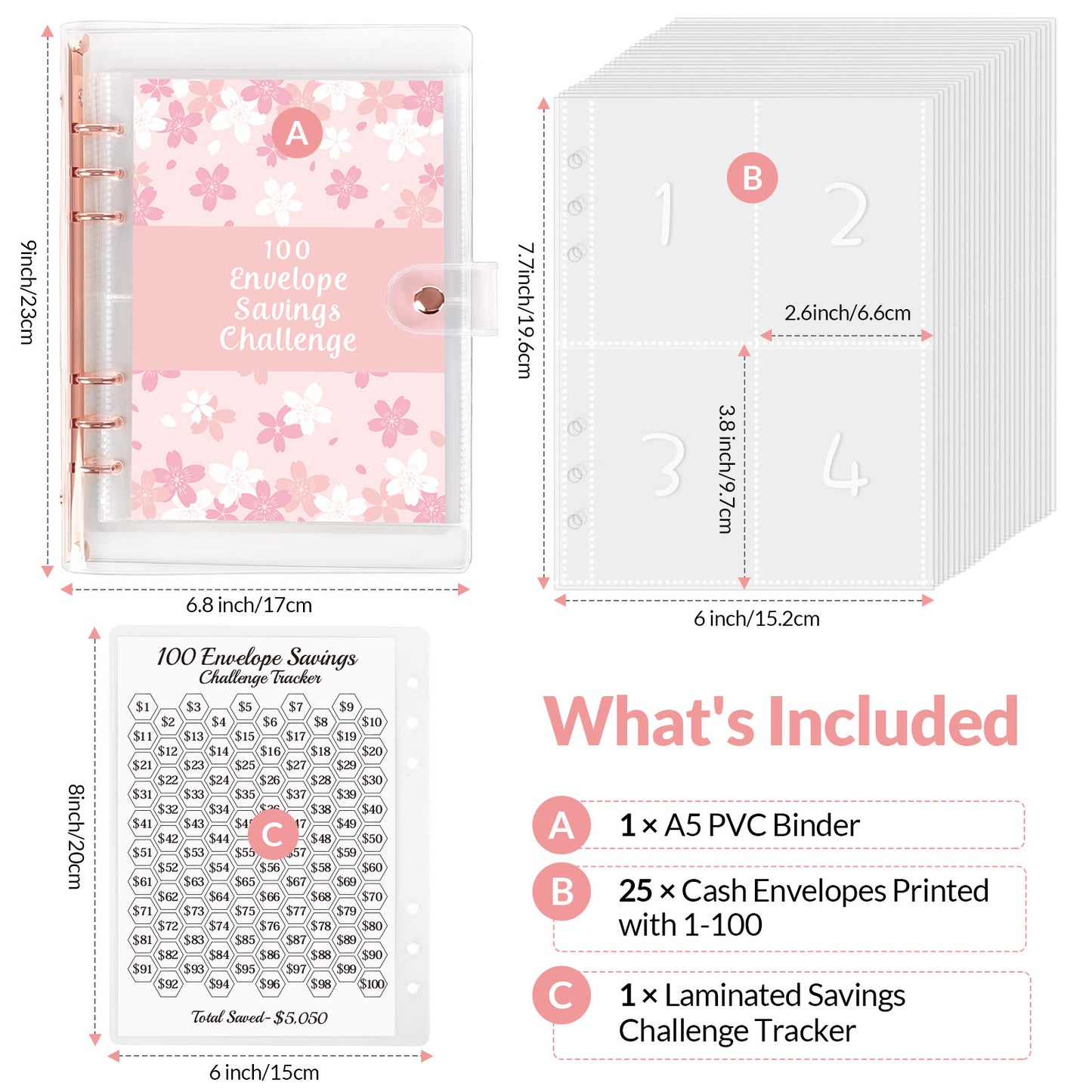 SKYDUE 100 Envelopes Money Saving Challenge Binder, Money Saving Binder with Laminated $5050 Tracker Sheet & Pre-numbered Pockets