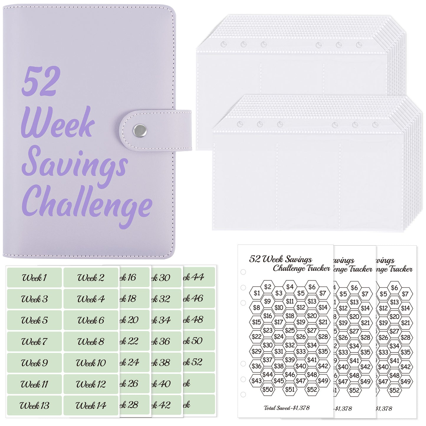 SKYDUE 52 Week Money Saving Challenge Binder, A6 Money Saving Binder with Savings Challenges Book and Cash Envelopes, Save $1,378