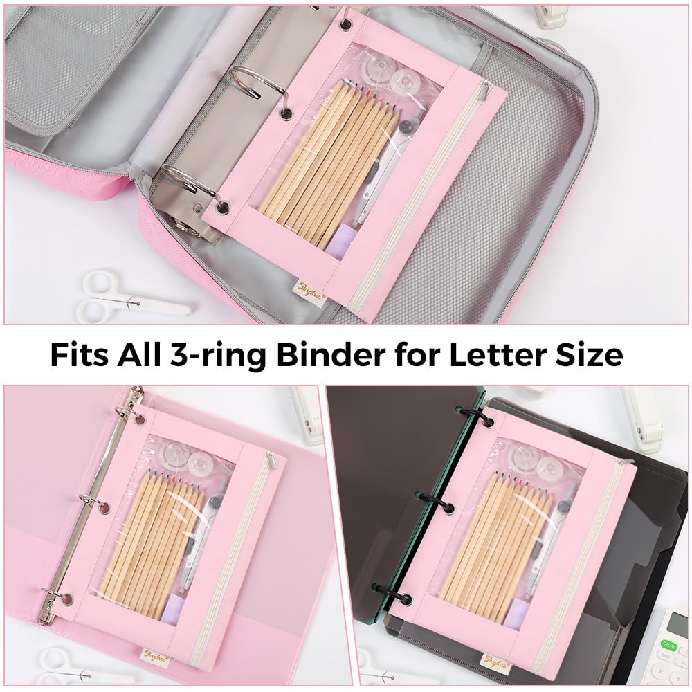 3 Ring Pencil Pouch Case for Binder, Zipper Pencil Pouches for Girls Boys, Clear Window Pencil Bag,Pencil Case with Smooth Zipper