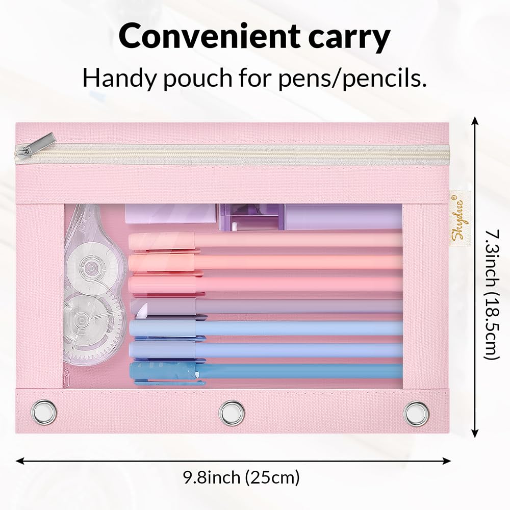 3 Ring Pencil Pouch Case for Binder, Zipper Pencil Pouches for Girls Boys, Clear Window Pencil Bag,Pencil Case with Smooth Zipper