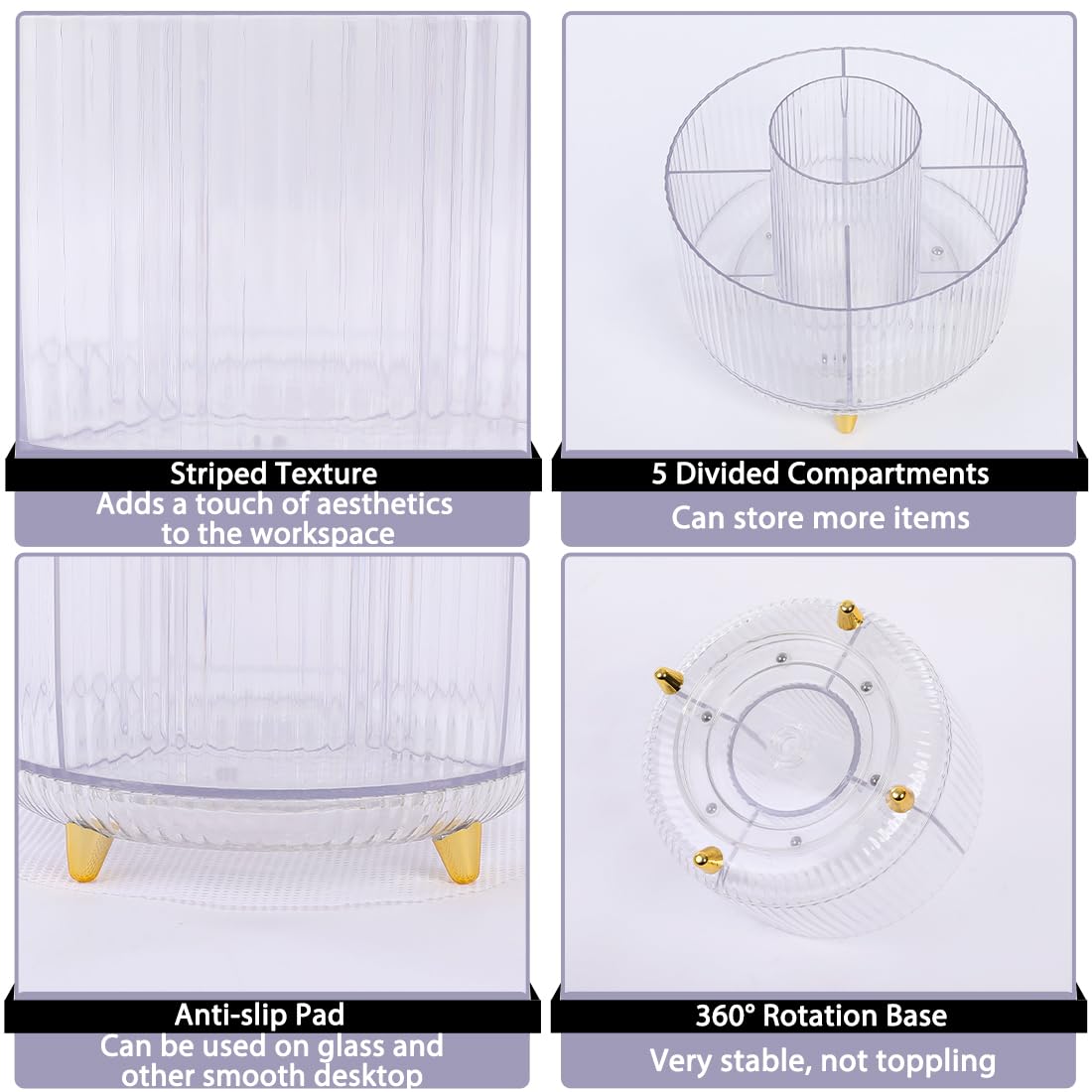 Rotating Pencil Pen Holder, Pen Organizer with 5 Slots - Aesthetic Desk Organizer and Accessories for School, Home, Office Supplies, Clear