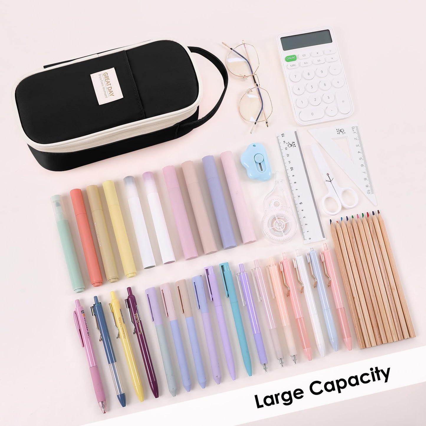 Large Capacity Pencil Case Organizer - Aesthetic School Supply Bag for Students & Adults, Zippered Pencil Pouch with Multi-Compartment Black