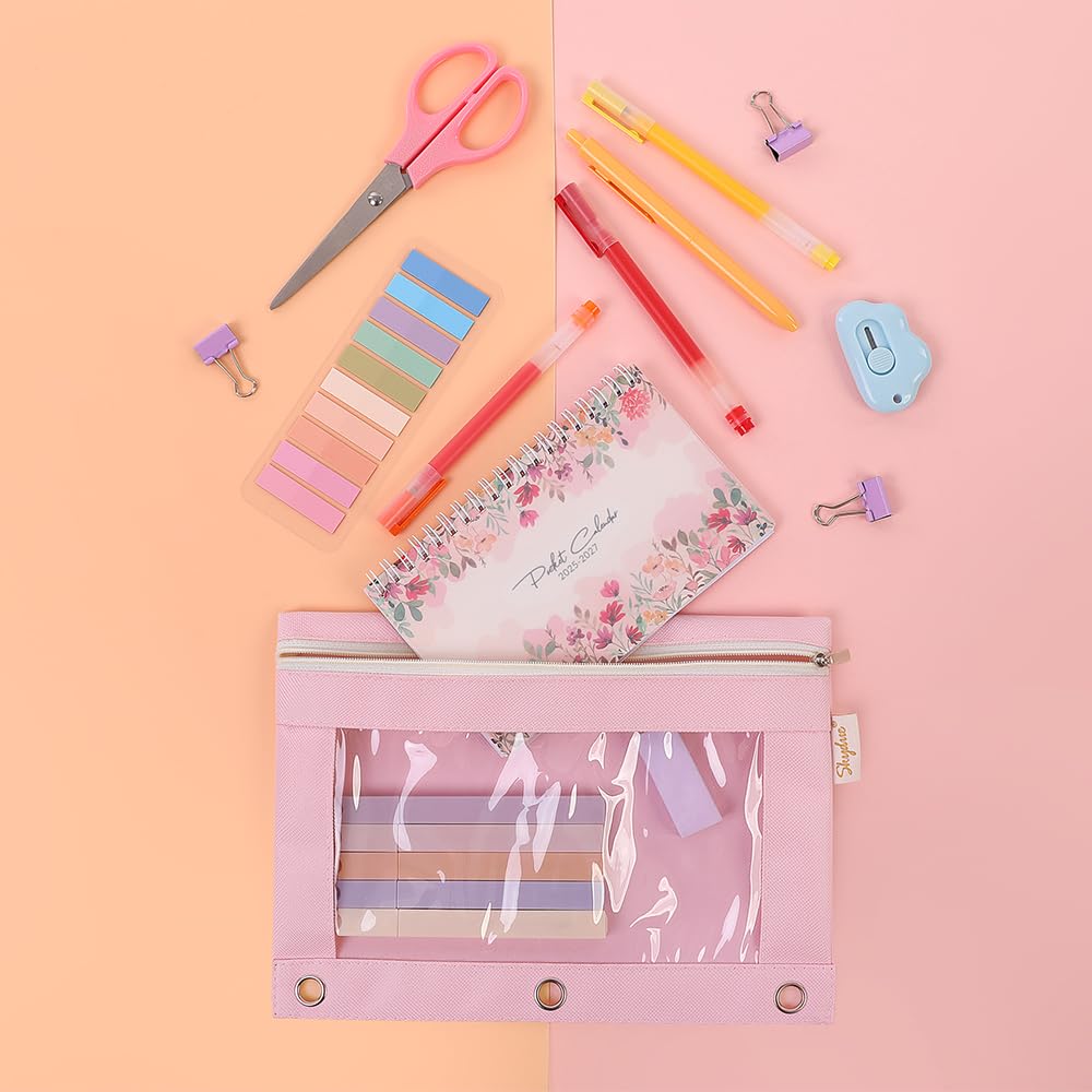 3 Ring Pencil Pouch Case for Binder, Zipper Pencil Pouches for Girls Boys, Clear Window Pencil Bag,Pencil Case with Smooth Zipper