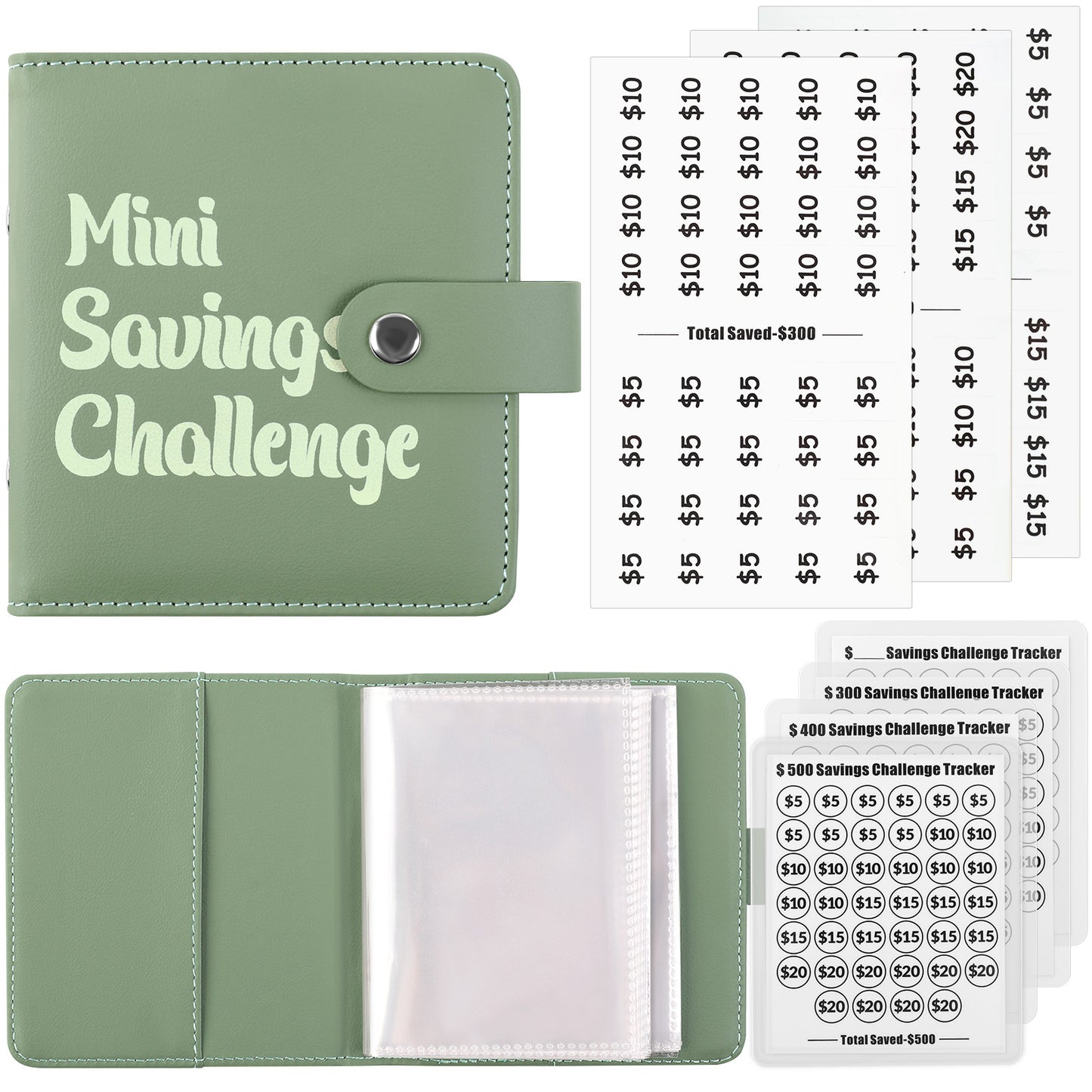 SKYDUE Mini Money Saving Binder, Portable Savings Binder with 4 Various Laminated Money Saving Challenge Trackers, Savings $300, 400, 500 Challenges Book with Envelopes & Stickers, A8, Black