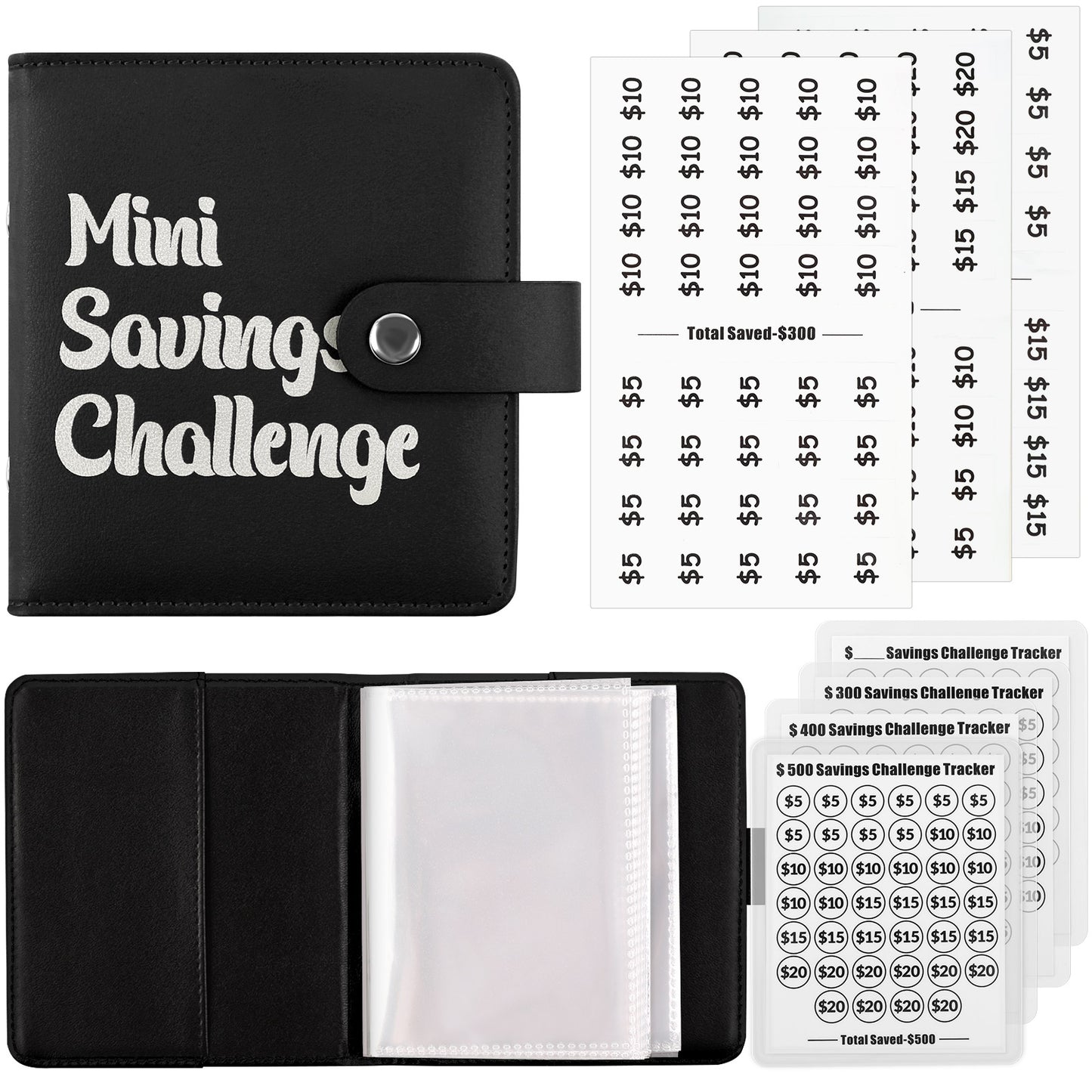 SKYDUE Mini Money Saving Binder, Portable Savings Binder with 4 Various Laminated Money Saving Challenge Trackers, Savings $300, 400, 500 Challenges Book with Envelopes & Stickers, A8, Black