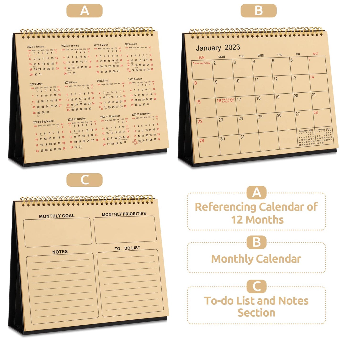 SKYDUE Small Desk Calendar 2023, Calendar 2023 from Oct.2022 to Dec 2023,10" x 8.5", Standing Flip Kraft Desk Calendar with To-do List & Notes for Office, School