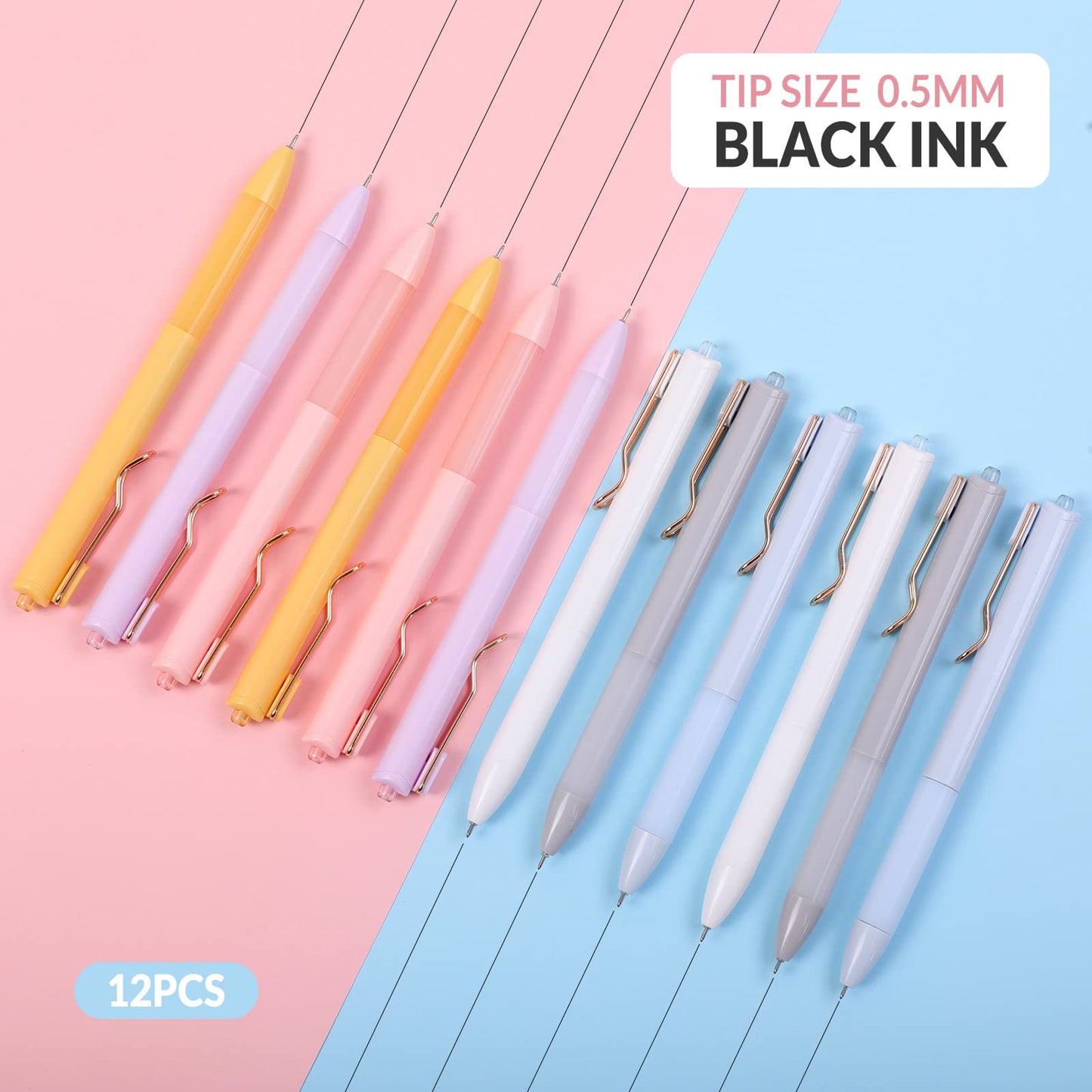 SKYDUE Cute Gel Pens, 12 Pack Quick Dry Black Ink Pens, 0.5mm Fine Point Smooth Writing Pens, Retractable Aesthetic Gel Ink Pens for Home School Office Journaling Note Taking