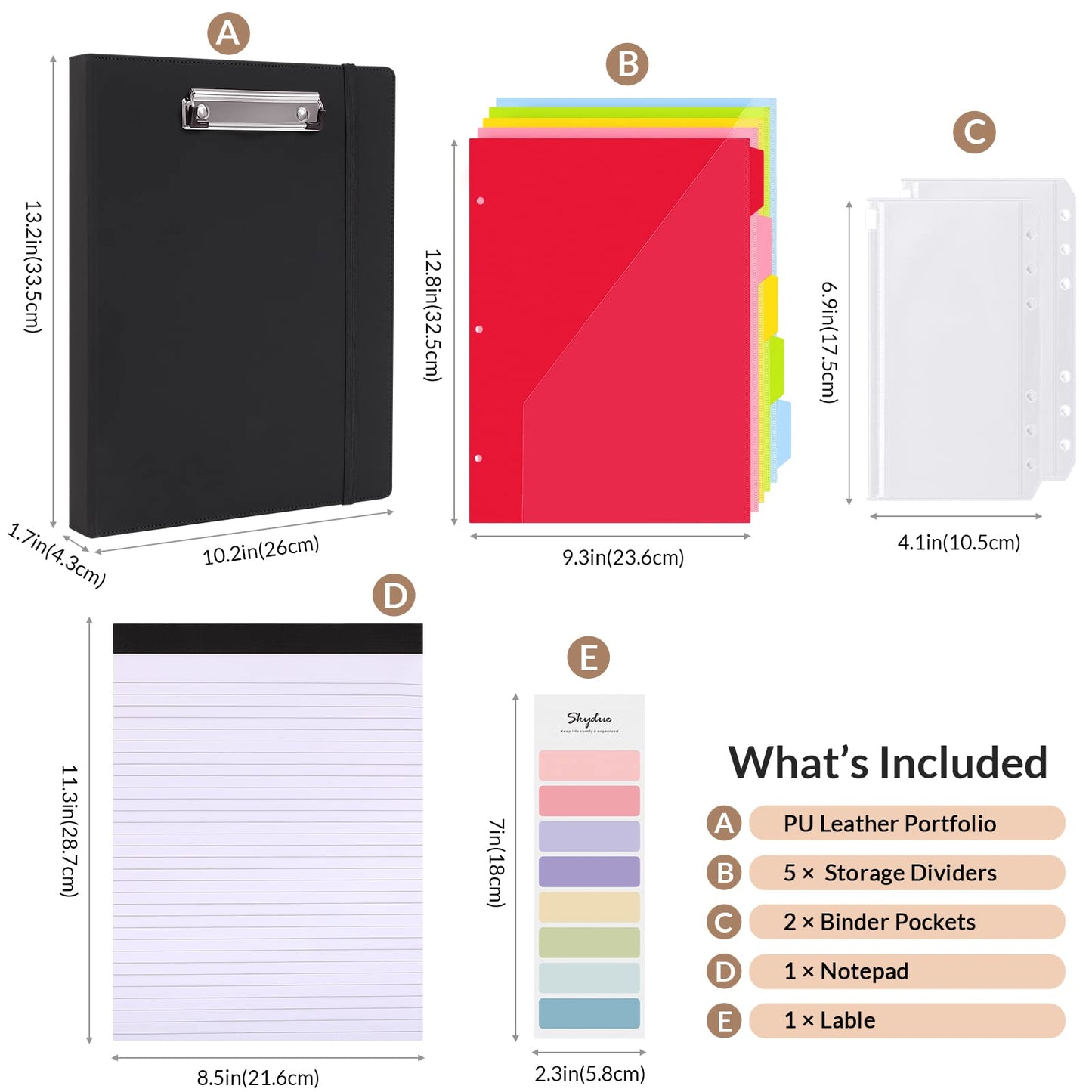SKYDUE Clipboard Folio with Refillable Notepad, 13.2" × 10.2" PU Clipboard Folder Includes 5 Dividers with 10 Pockets, Labels, 3-Ring Binder Great for School Office