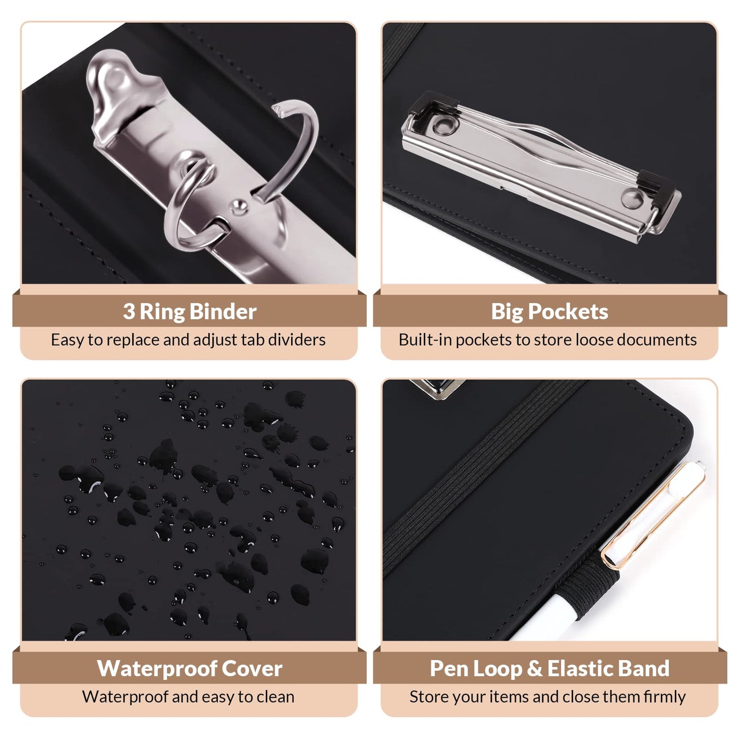 SKYDUE Clipboard Folio with Refillable Notepad, 13.2" × 10.2" PU Clipboard Folder Includes 5 Dividers with 10 Pockets, Labels, 3-Ring Binder Great for School Office