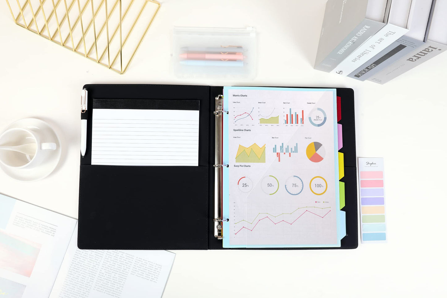 SKYDUE Clipboard Folio with Refillable Notepad, 13.2" × 10.2" PU Clipboard Folder Includes 5 Dividers with 10 Pockets, Labels, 3-Ring Binder Great for School Office
