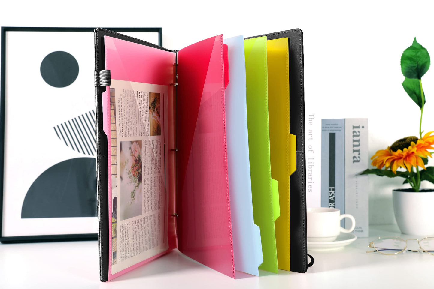 SKYDUE Clipboard Folio with Refillable Notepad, 13.2" × 10.2" PU Clipboard Folder Includes 5 Dividers with 10 Pockets, Labels, 3-Ring Binder Great for School Office