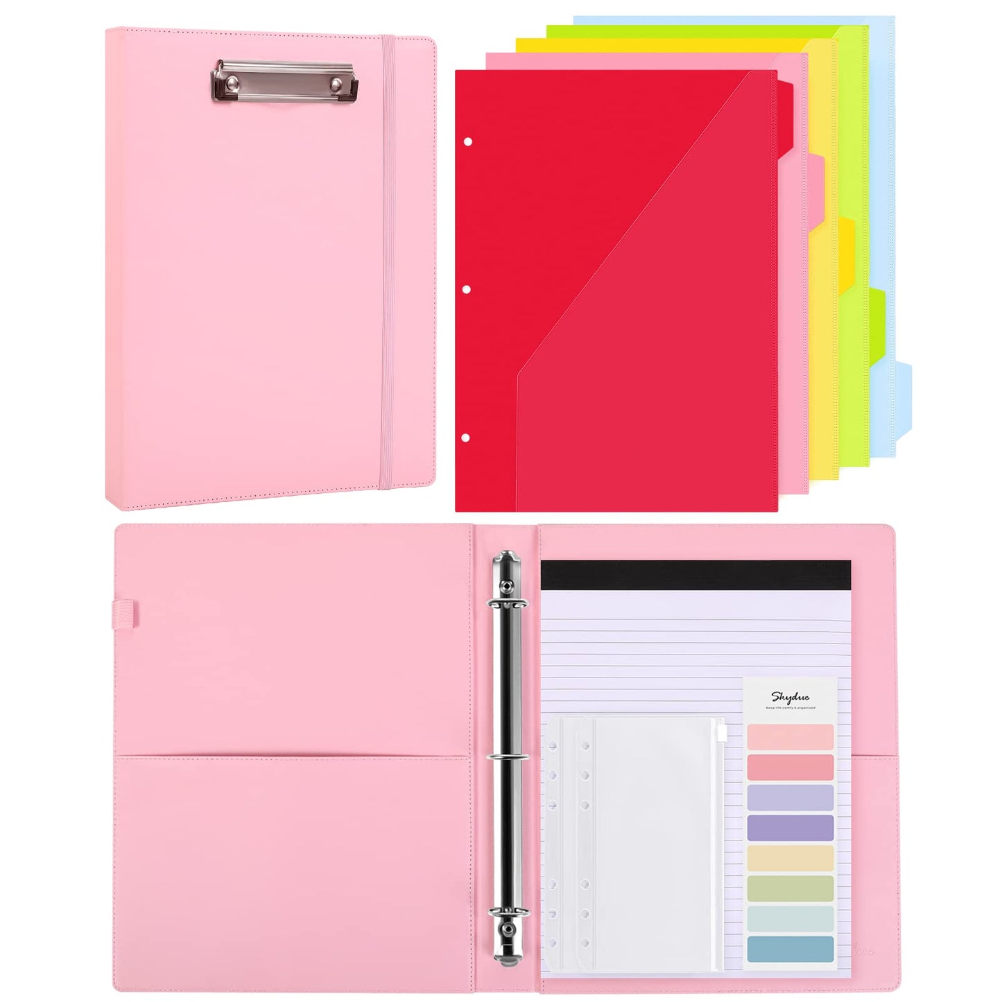 SKYDUE Clipboard Folio with Refillable Notepad, 13.2" × 10.2" PU Clipboard Folder Includes 5 Dividers with 10 Pockets, Labels, 3-Ring Binder Great for School Office