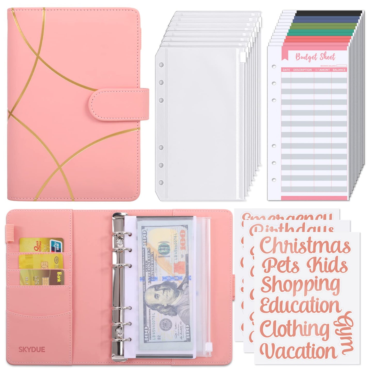 SKYDUE Budget Binder with Zipper Envelopes Money Organizer for Cash