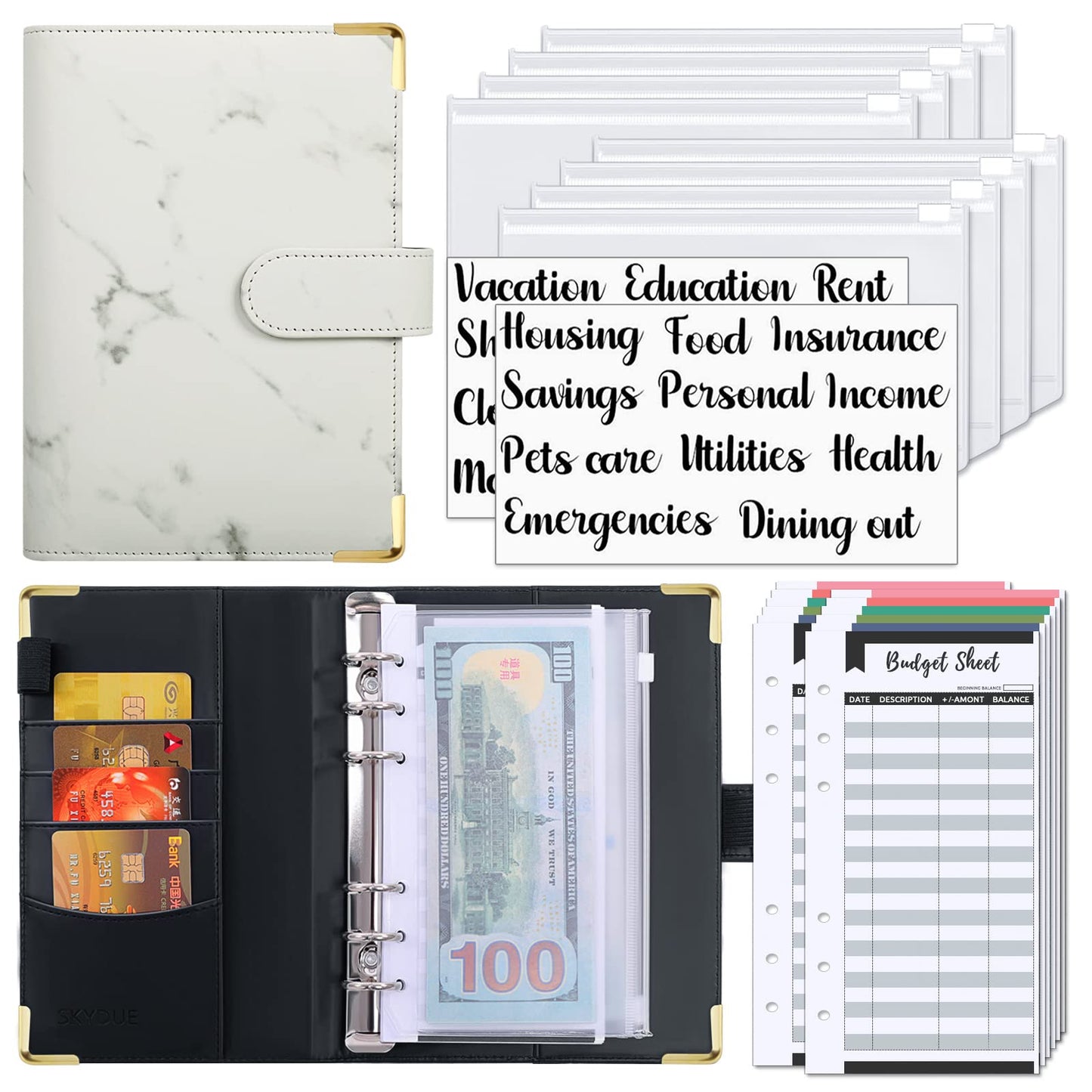 SKYDUE Budget Binder with Zipper Envelopes & Expense Budget Sheets,Money Binder with Cash Envelopes for Budgeting and Saving Money