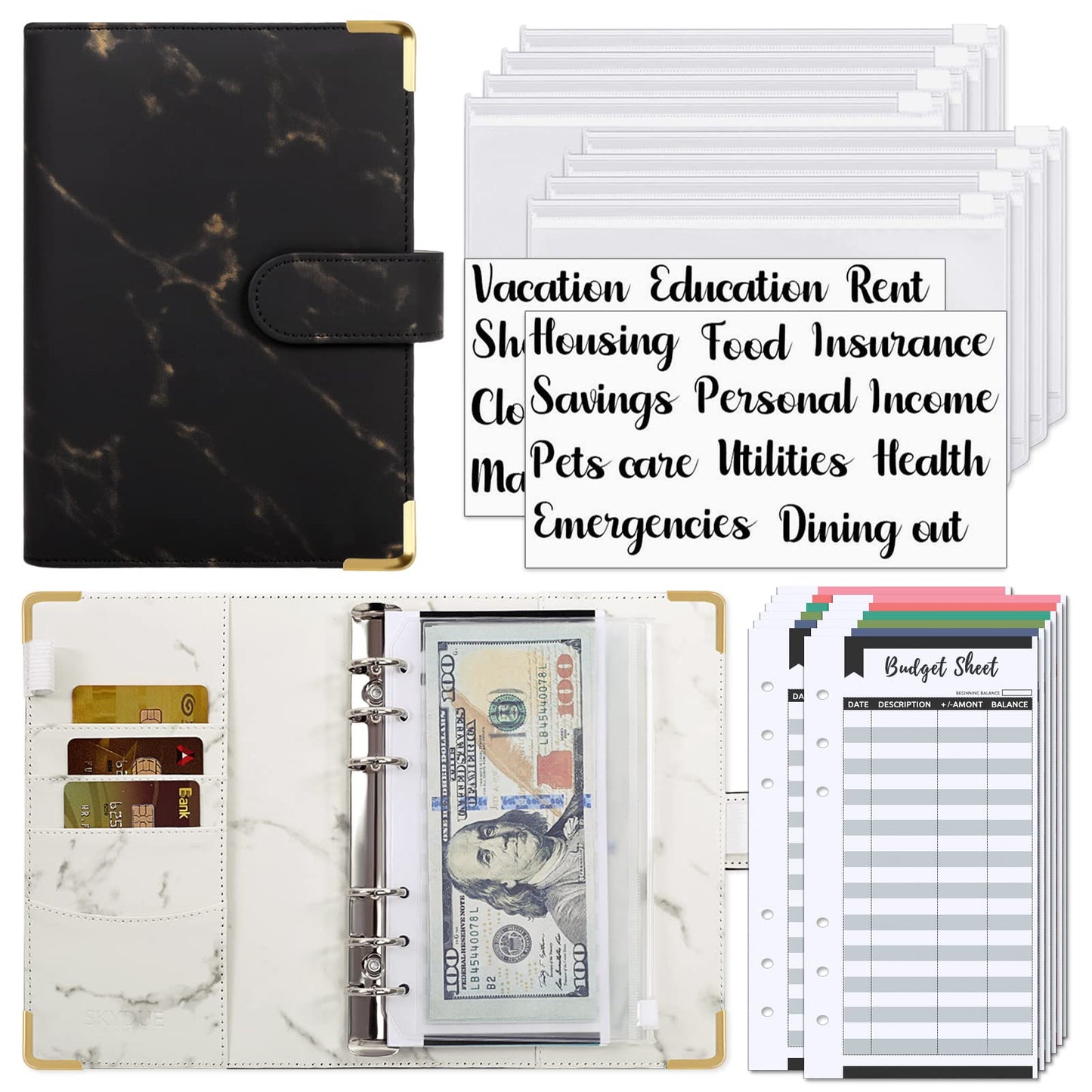 SKYDUE Budget Binder with Zipper Envelopes & Expense Budget Sheets,Money Binder with Cash Envelopes for Budgeting and Saving Money