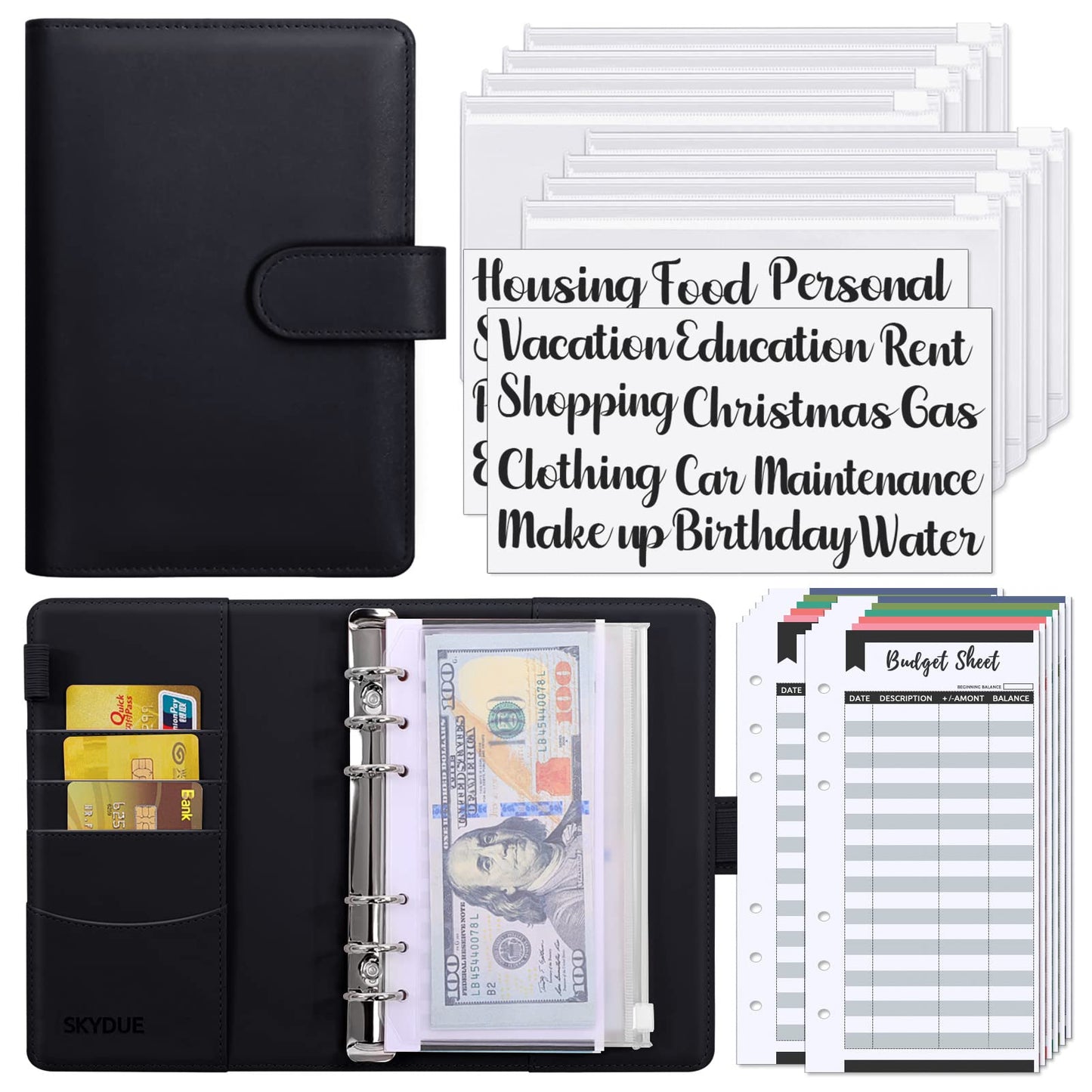 SKYDUE Budget Binder with Zipper Envelopes & Expense Budget Sheets,Money Binder with Cash Envelopes for Budgeting and Saving Money