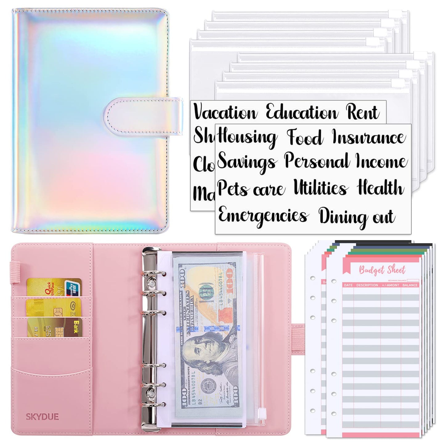 SKYDUE Budget Binder with Zipper Envelopes & Expense Budget Sheets,Money Binder with Cash Envelopes for Budgeting and Saving Money