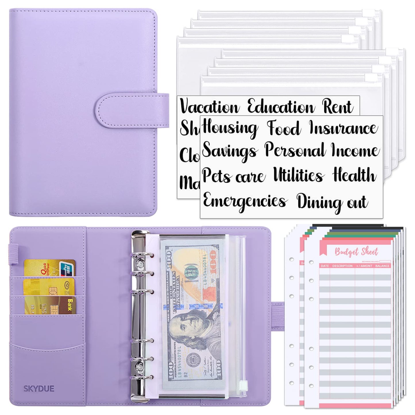 SKYDUE Budget Binder with Zipper Envelopes & Expense Budget Sheets,Money Binder with Cash Envelopes for Budgeting and Saving Money