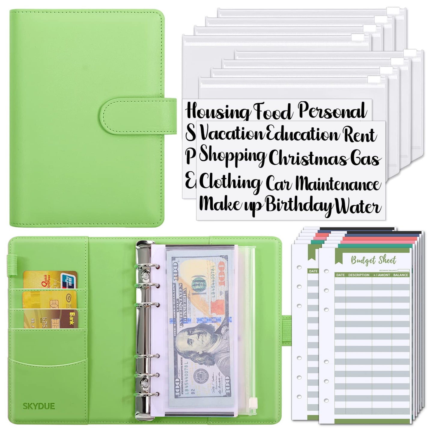 SKYDUE Budget Binder with Zipper Envelopes & Expense Budget Sheets,Money Binder with Cash Envelopes for Budgeting and Saving Money