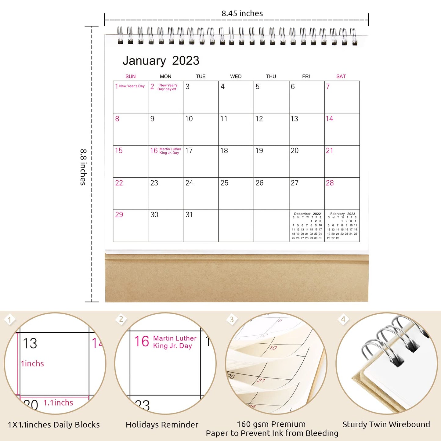 SKYDUE Small Desk Calendar 2023, Desk Calendar from Jan.2023 to Jun.2024, 7" x 8.5", Standing Desk Calendar with To-do List & Notes for Kitchen Office School