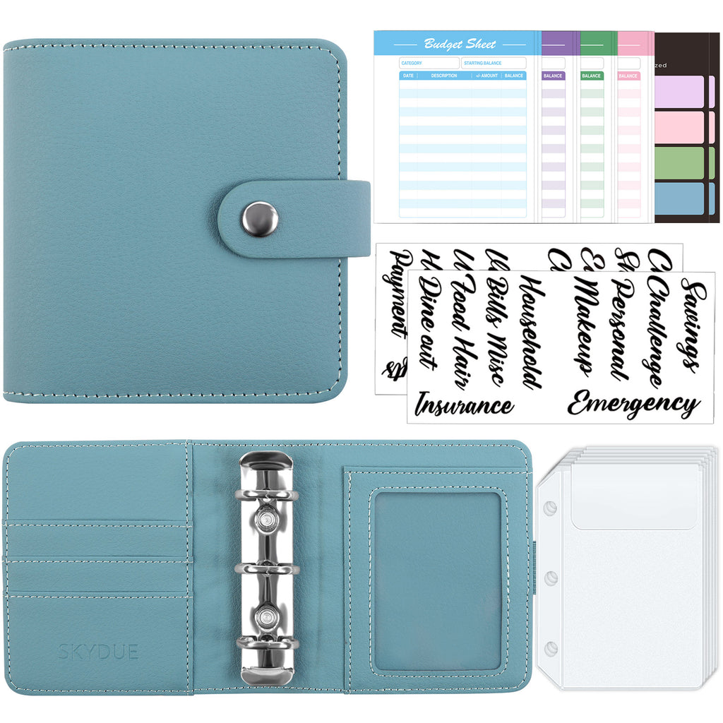 SKYDUE Mini Budget Binder with 12Pcs Cash Envelopes, PU Cash Stuffing Binder, Money Saving Binder with 12Pcs Expense Budget Planner Sheets & 25 Sticky Labels, Cash Envelope Wallet for Budgeting
