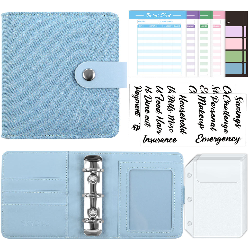 SKYDUE Mini Budget Binder with 12Pcs Cash Envelopes, PU Cash Stuffing Binder, Money Saving Binder with 12Pcs Expense Budget Planner Sheets & 25 Sticky Labels, Cash Envelope Wallet for Budgeting