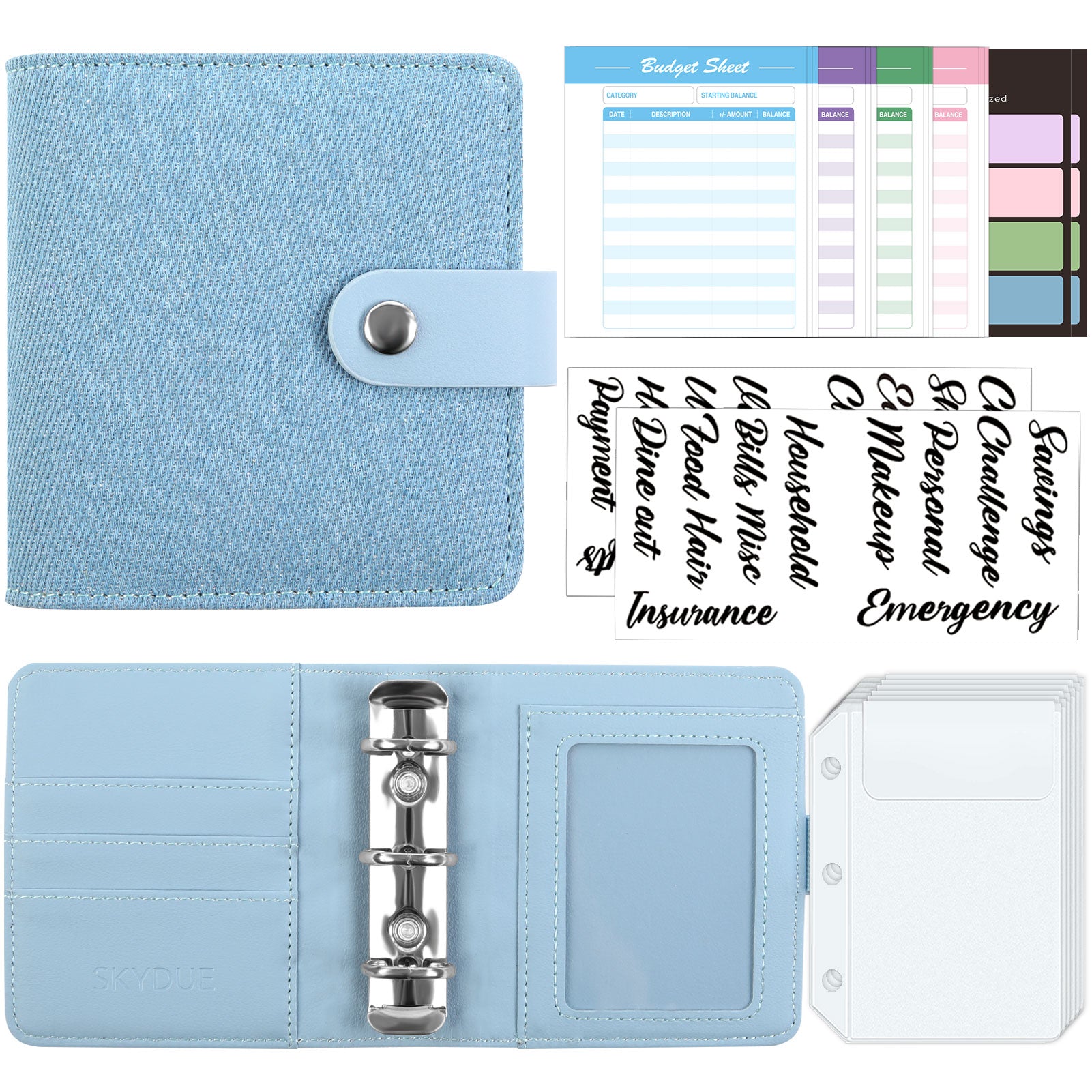 SKYDUE Mini Budget Binder with 12Pcs Cash Envelopes, PU Cash Stuffing Binder, Money Saving Binder with 12Pcs Expense Budget Planner Sheets & 25 Sticky Labels, Cash Envelope Wallet for Budgeting