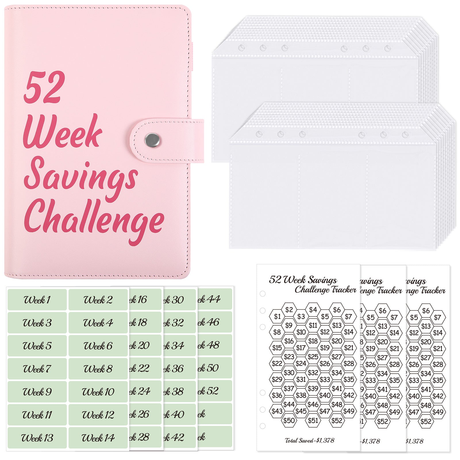 SKYDUE 52 Week Money Saving Challenge Binder, A6 Money Saving Binder with Savings Challenges Book and Cash Envelopes, Save $1,378