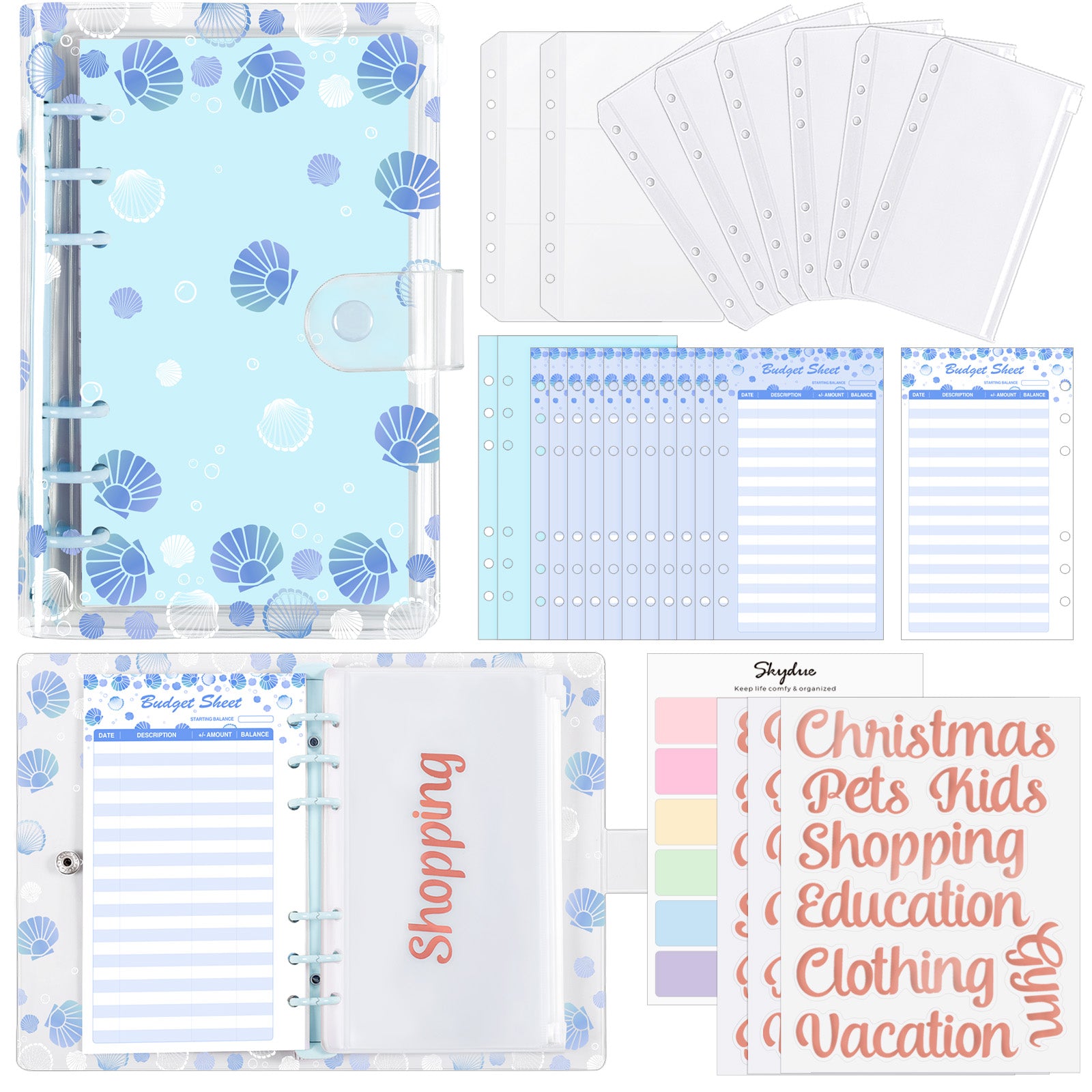 SKYDUE A6 Budget Binder with Zipper Envelopes, Cute Money Saving Binder, Budget Book with 8Pcs Cash Envelopes, 12pcs Expense Budget Planner Sheets & 24 Sticky Labels