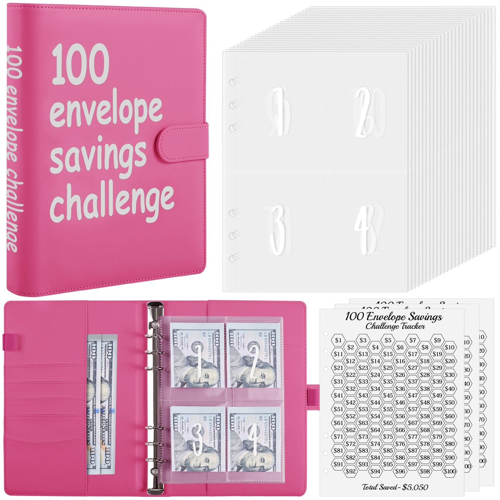 SKYDUE 100 Envelopes Money Saving Challenge Binder, A5 Money Saving Budget Binder with Cash Envelopes - Savings Challenges Book to Save $5,050