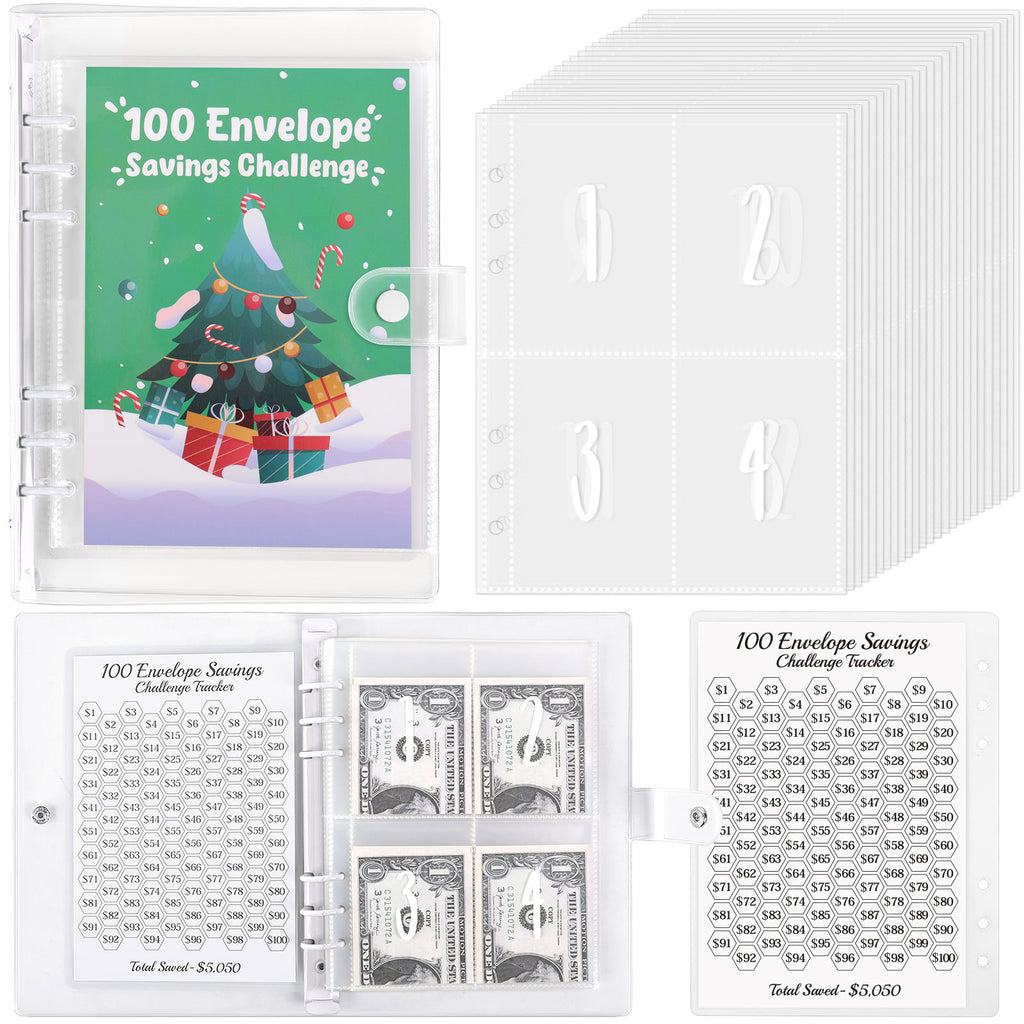 SKYDUE 100 Envelopes Money Saving Challenge Binder, Money Saving Binder with Laminated $5050 Tracker Sheet & Pre-numbered Pockets