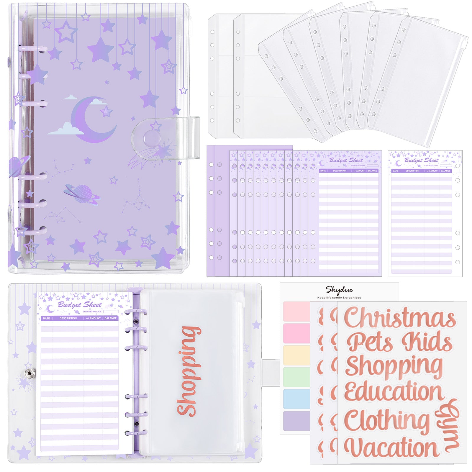 SKYDUE A6 Budget Binder with Zipper Envelopes, Cute Money Saving Binder, Budget Book with 8Pcs Cash Envelopes, 12pcs Expense Budget Planner Sheets & 24 Sticky Labels
